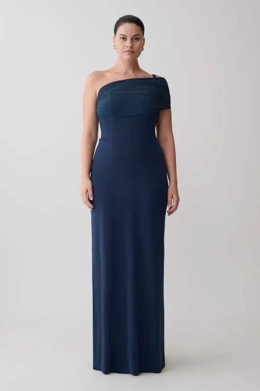 Hanh One Shoulder Mesh Maxi Dress - Ink Blue made by Meshki