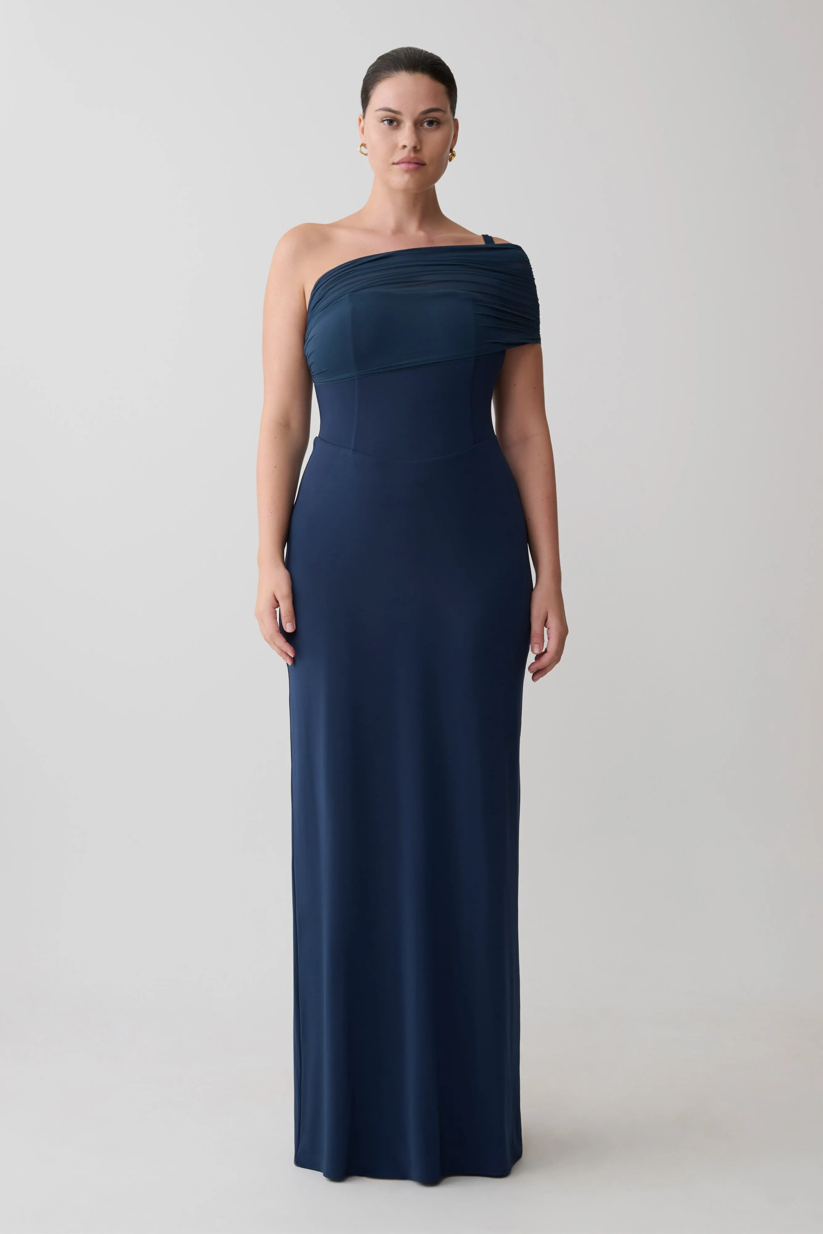 Hanh One Shoulder Mesh Maxi Dress - Ink Blue sold by Meshki