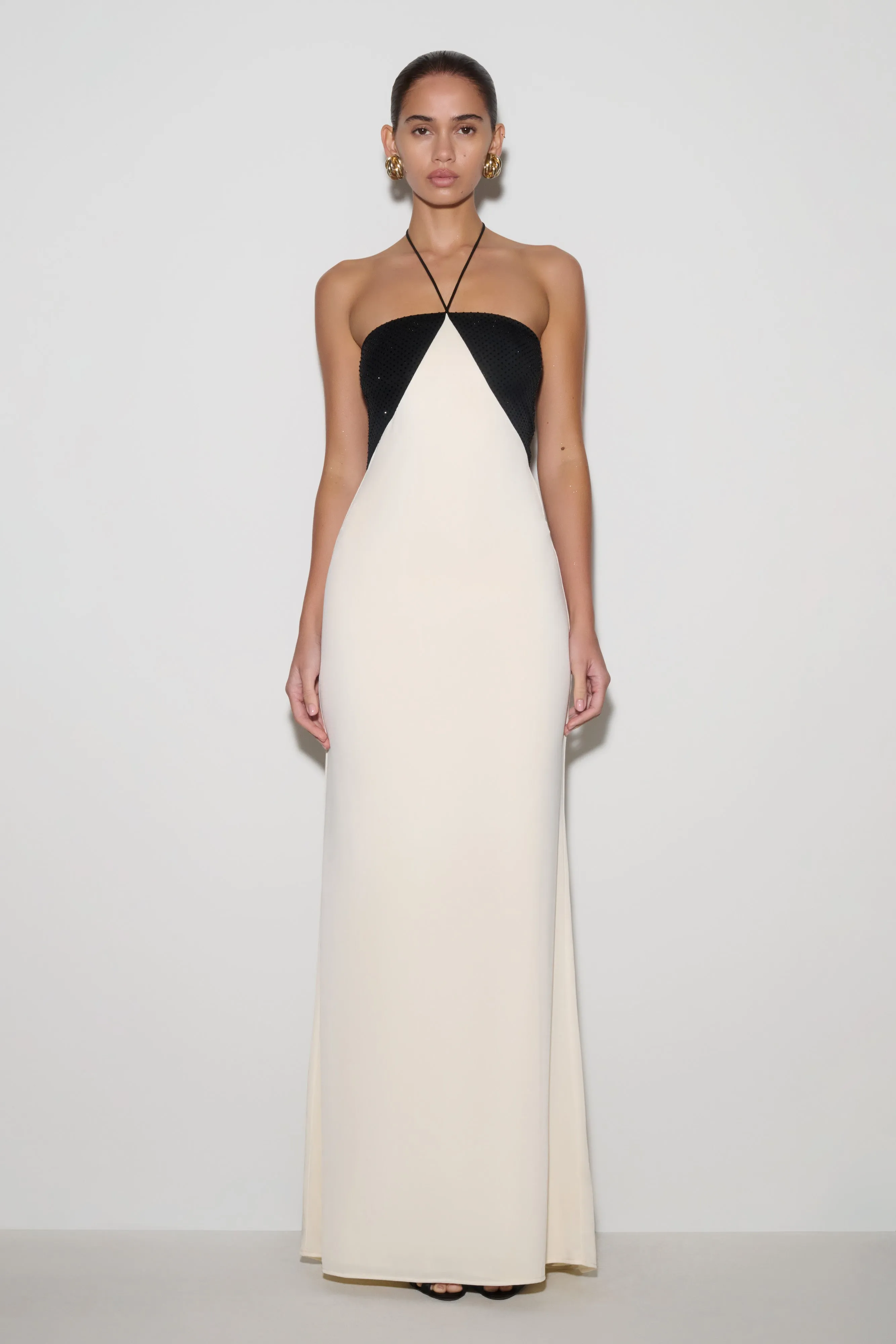 Hien Sequin Halter Maxi Dress - Black/Ivory sold by Meshki