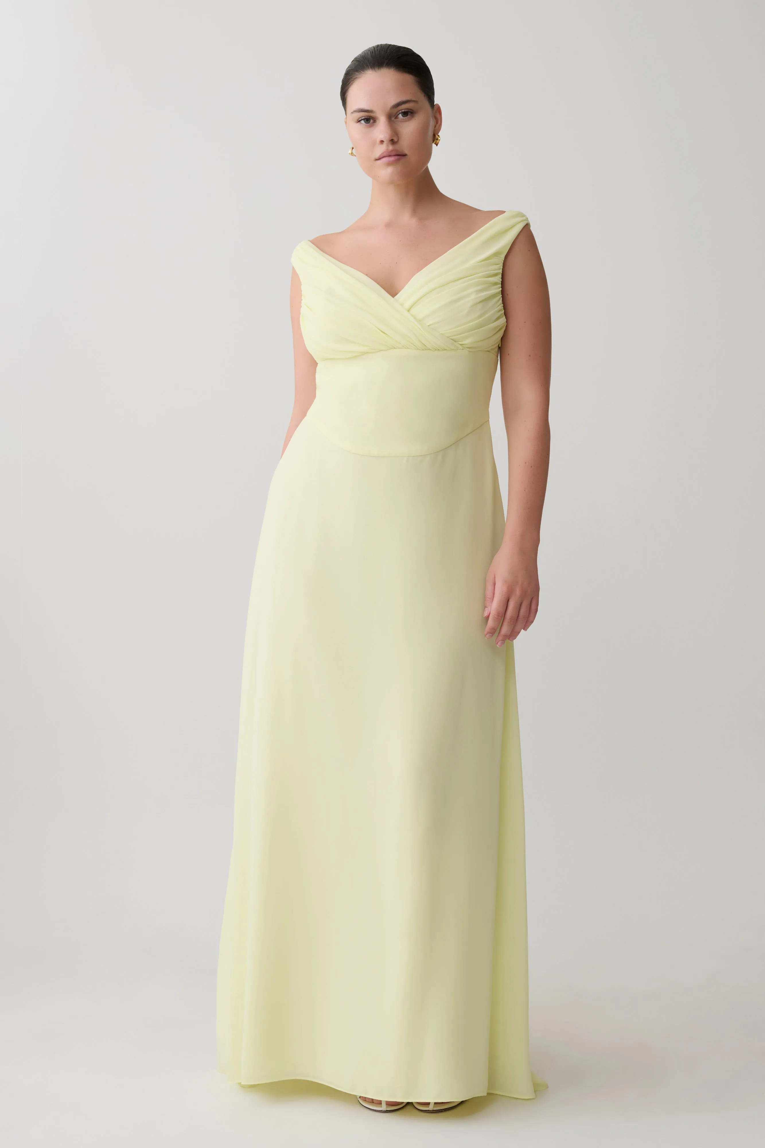 Mabel Off Shoulder Chiffon Maxi Dress - Lemon sold by Meshki