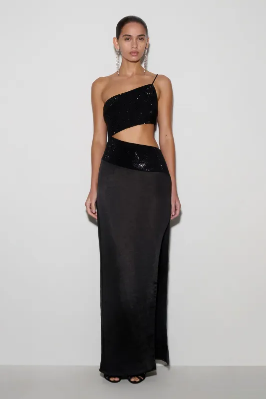 Athena One Shoulder Diamante Maxi Dress - Black made by Meshki