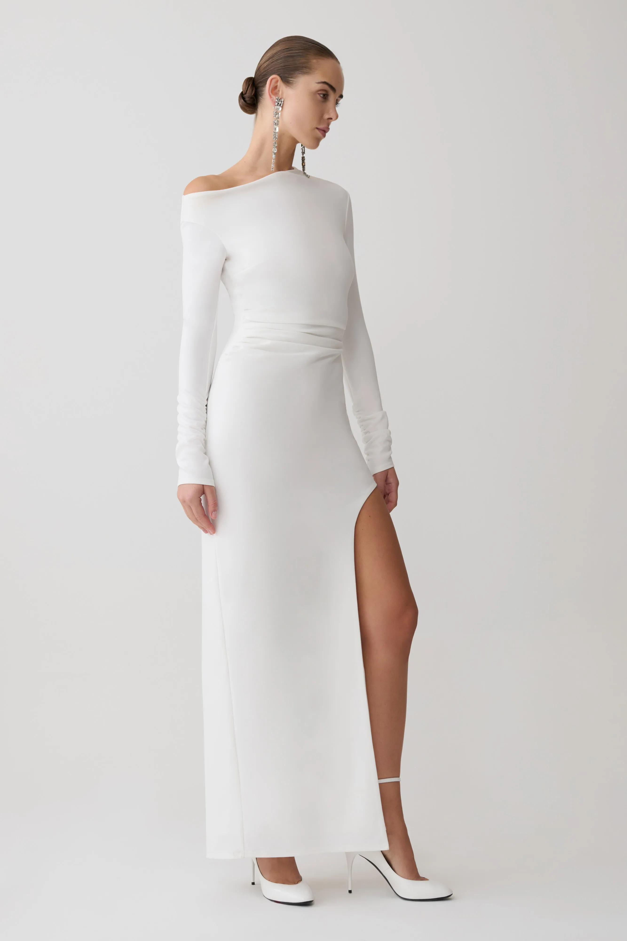 Thalyn Crepe Maxi Dress With Split - White sold by Meshki product image thumbnail 3