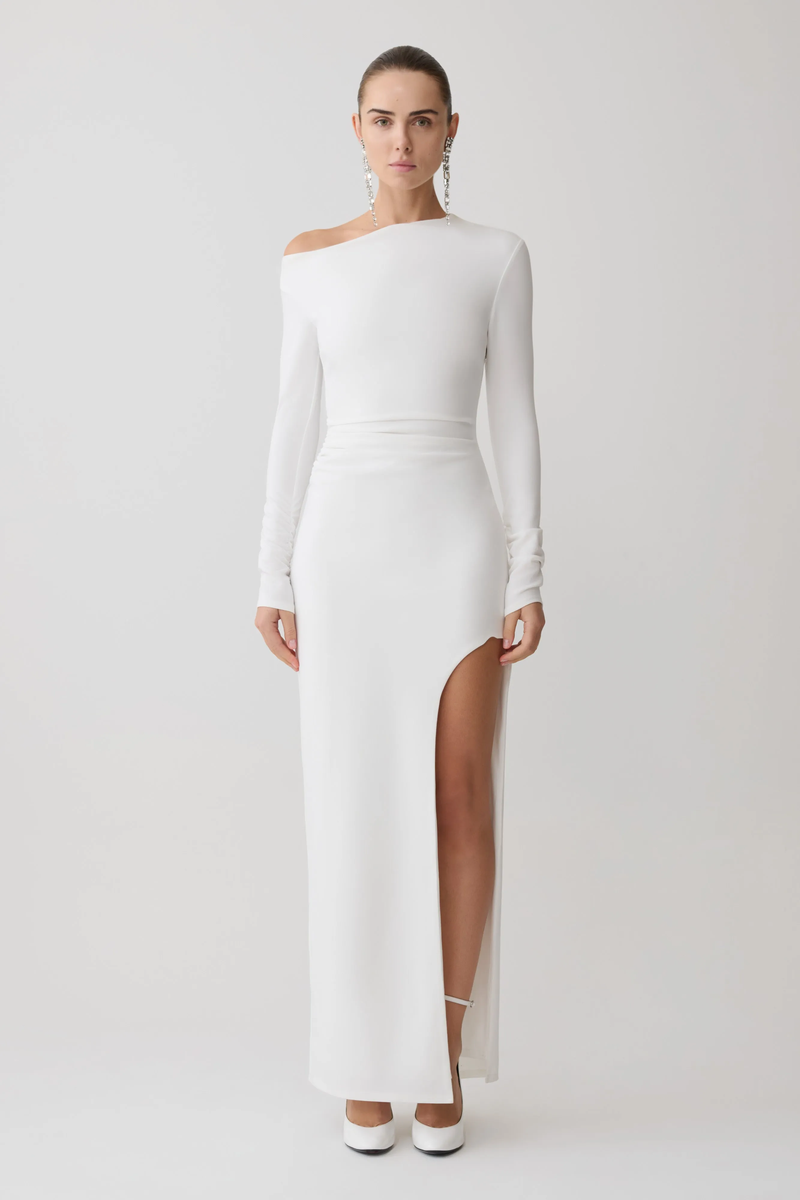 Thalyn Crepe Maxi Dress With Split - White sold by Meshki