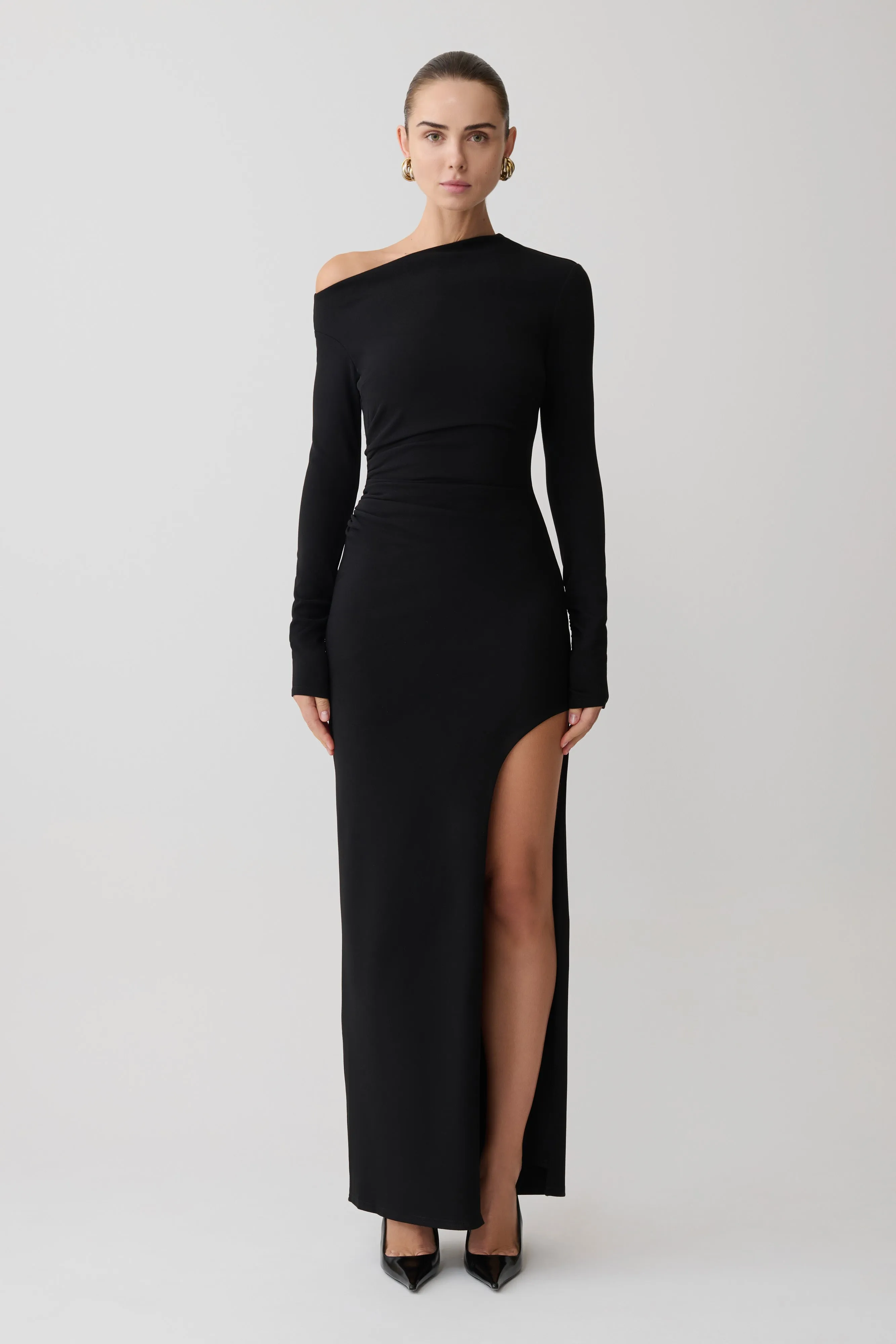 Thalyn Crepe Maxi Dress With Split - Black sold by Meshki product image thumbnail 4