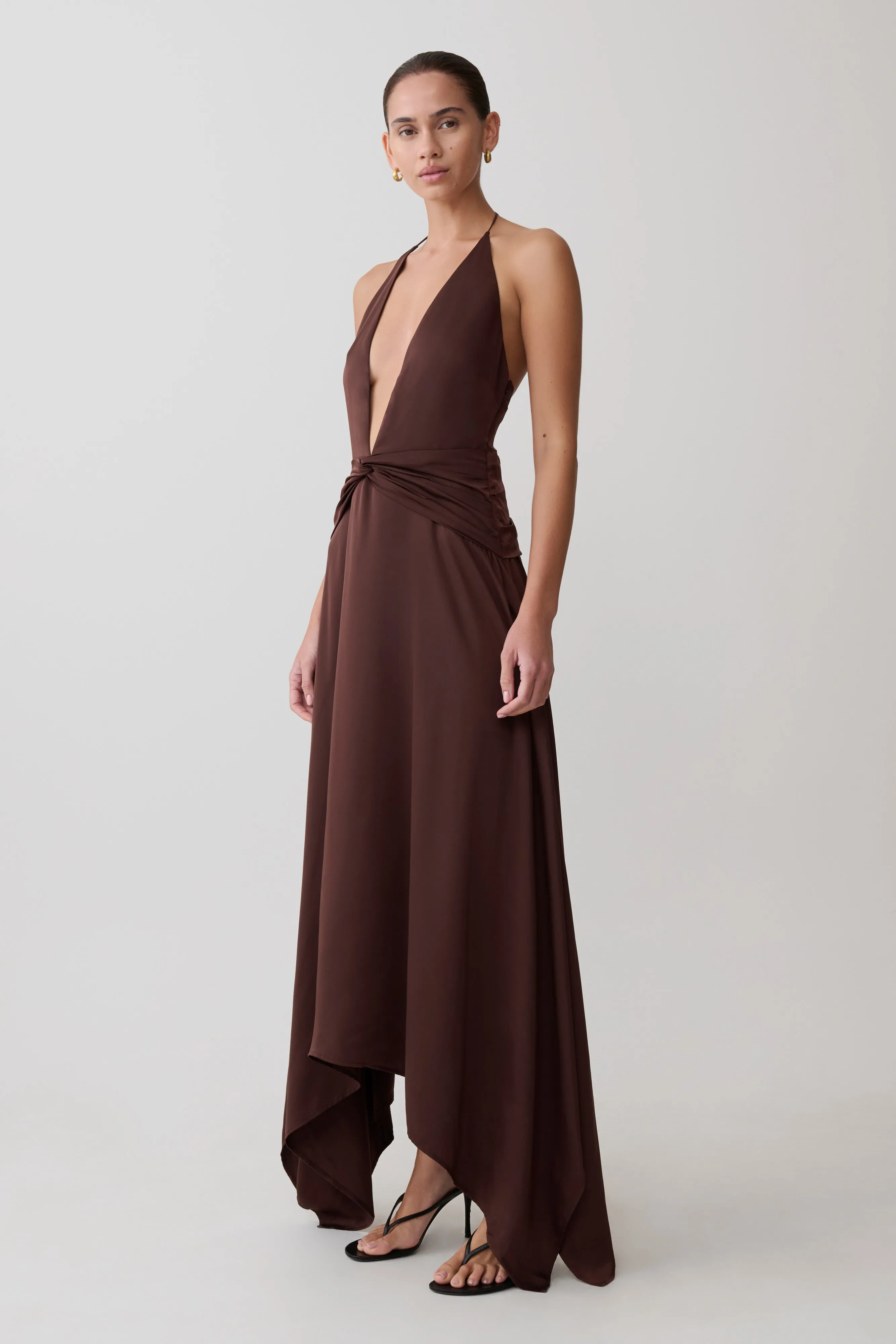 Cyra Plunge Satin Midi Dress - Dark Chocolate sold by Meshki product image thumbnail 3