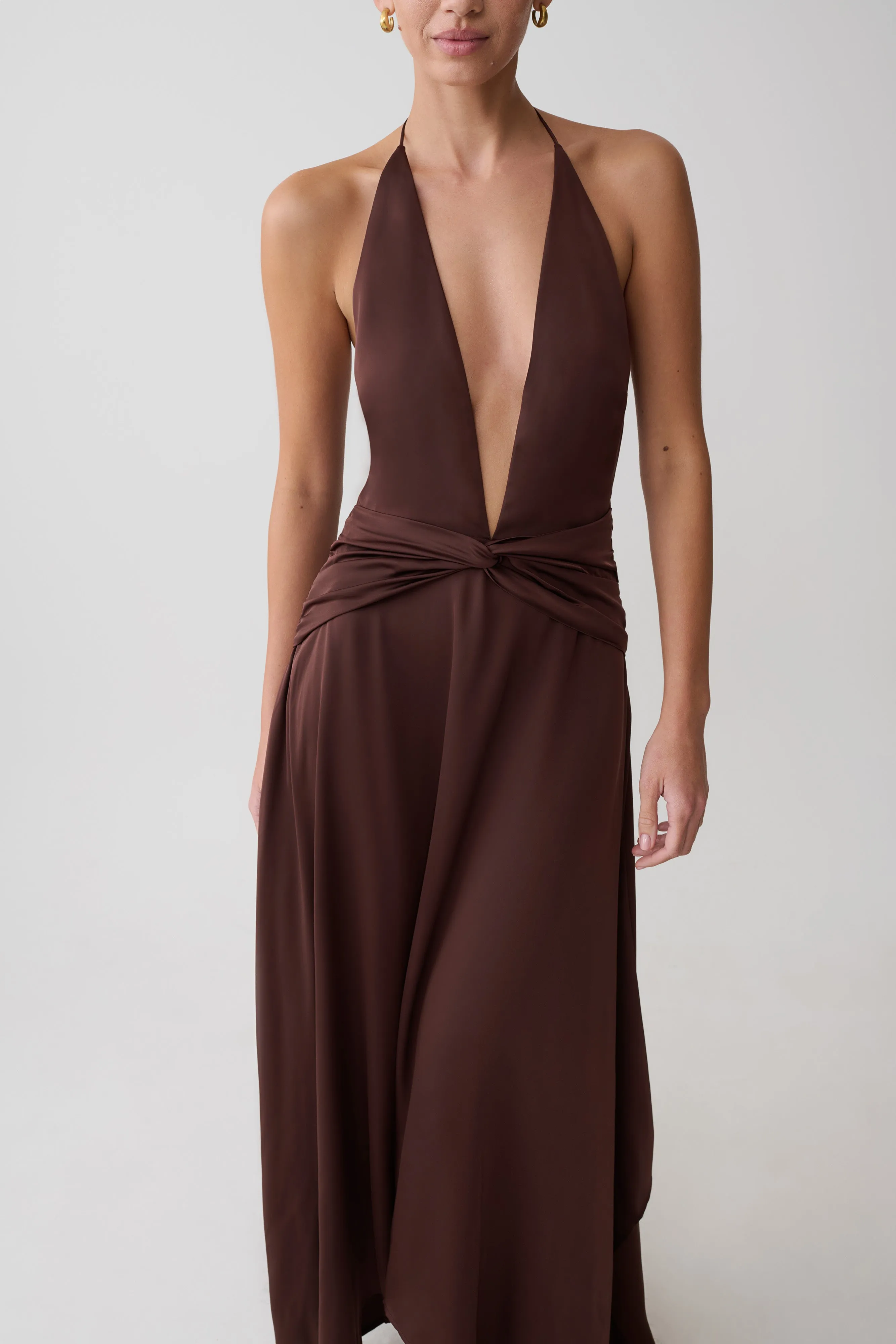 Cyra Plunge Satin Midi Dress - Dark Chocolate sold by Meshki product image thumbnail 4