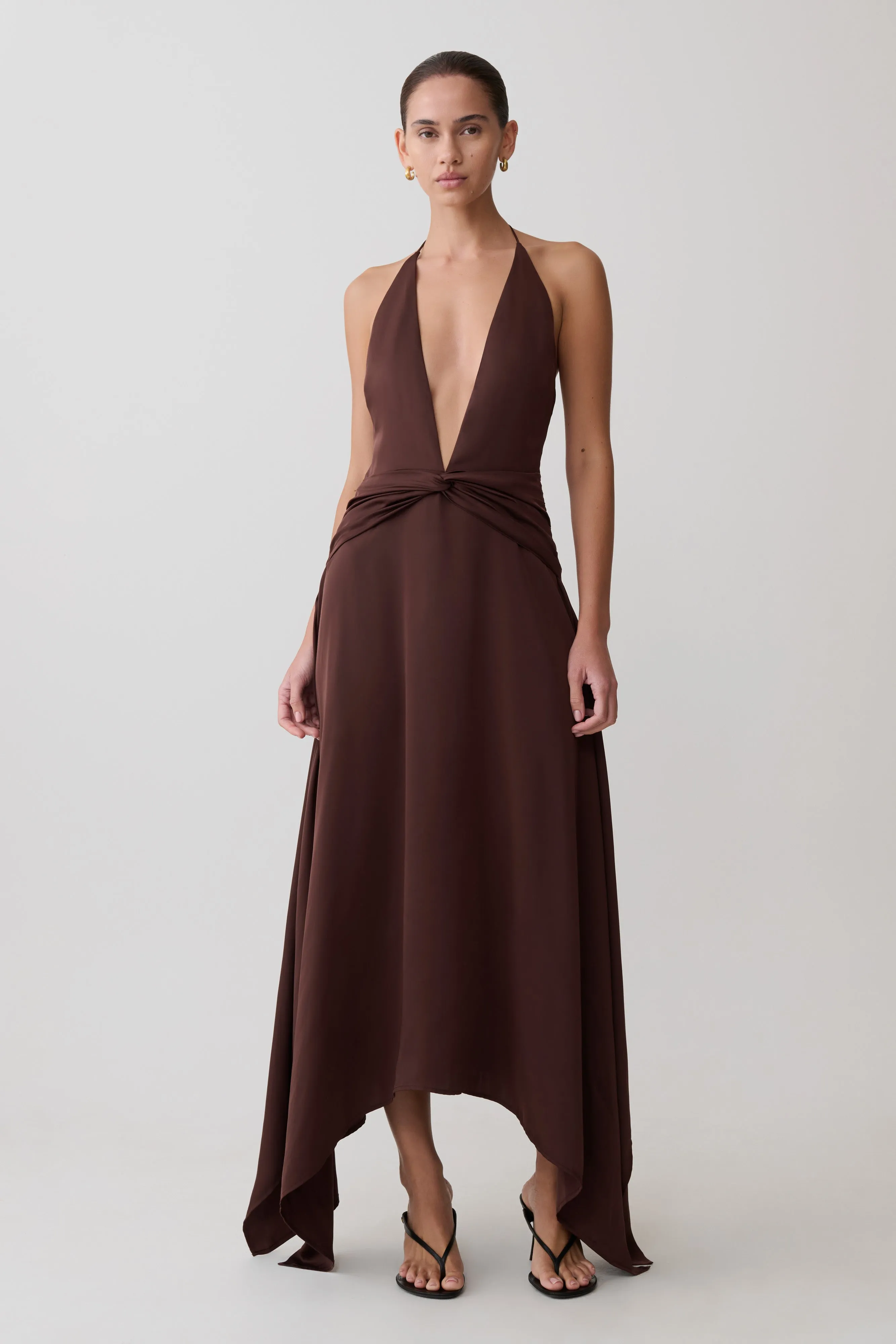 Cyra Plunge Satin Midi Dress - Dark Chocolate sold by Meshki