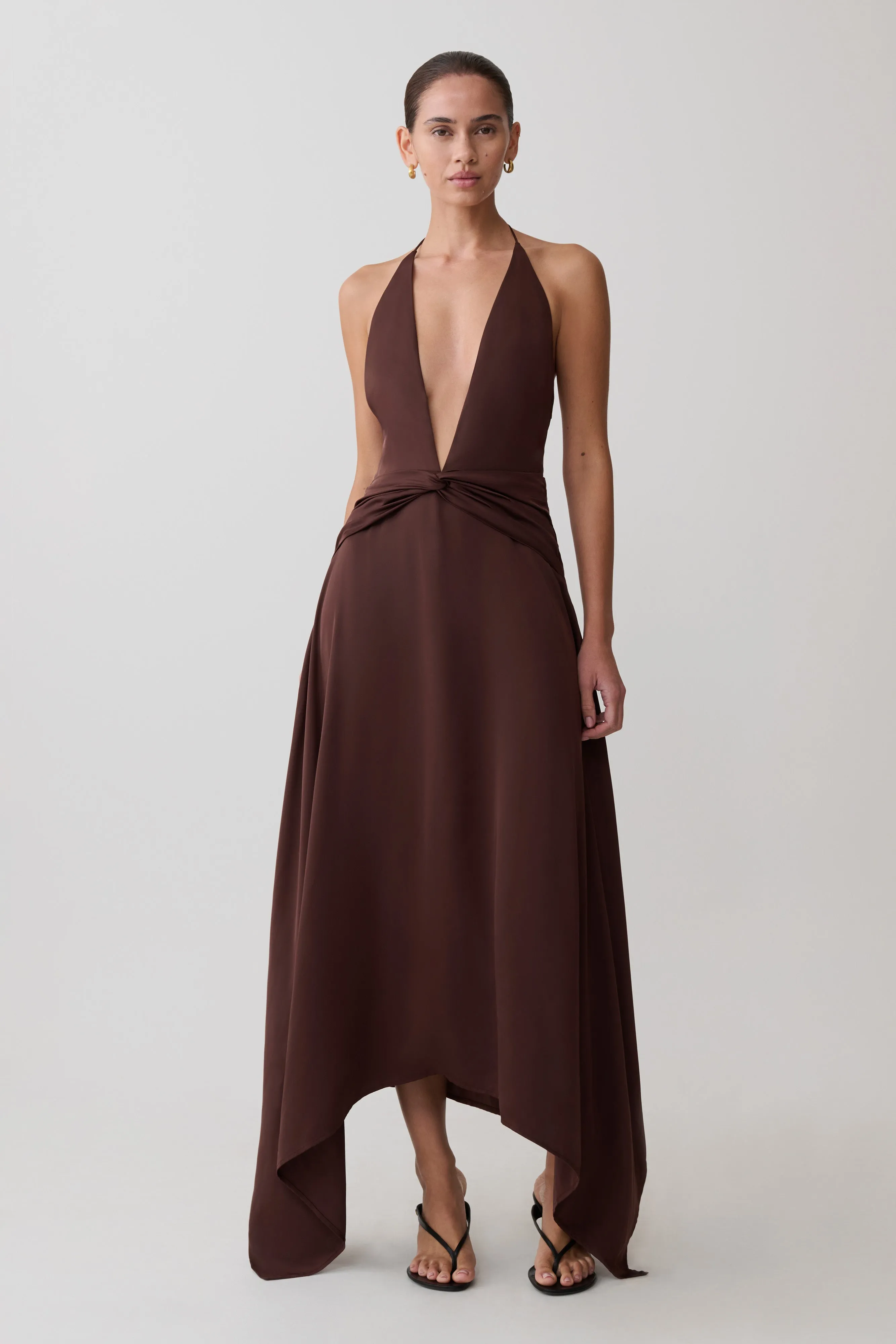 Cyra Plunge Satin Midi Dress - Dark Chocolate sold by Meshki product image thumbnail 5