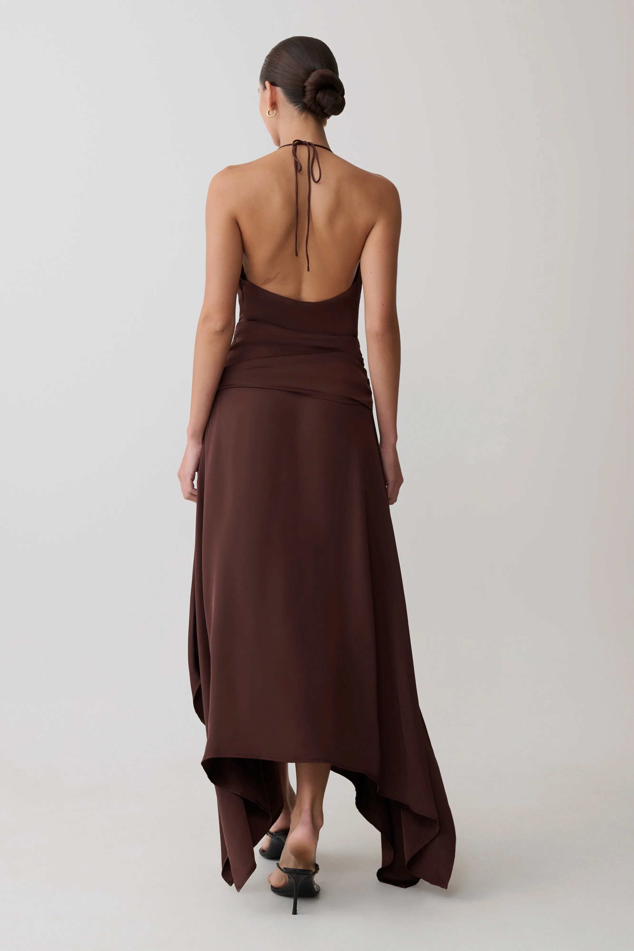Cyra Plunge Satin Midi Dress - Dark Chocolate sold by Meshki product image thumbnail 2