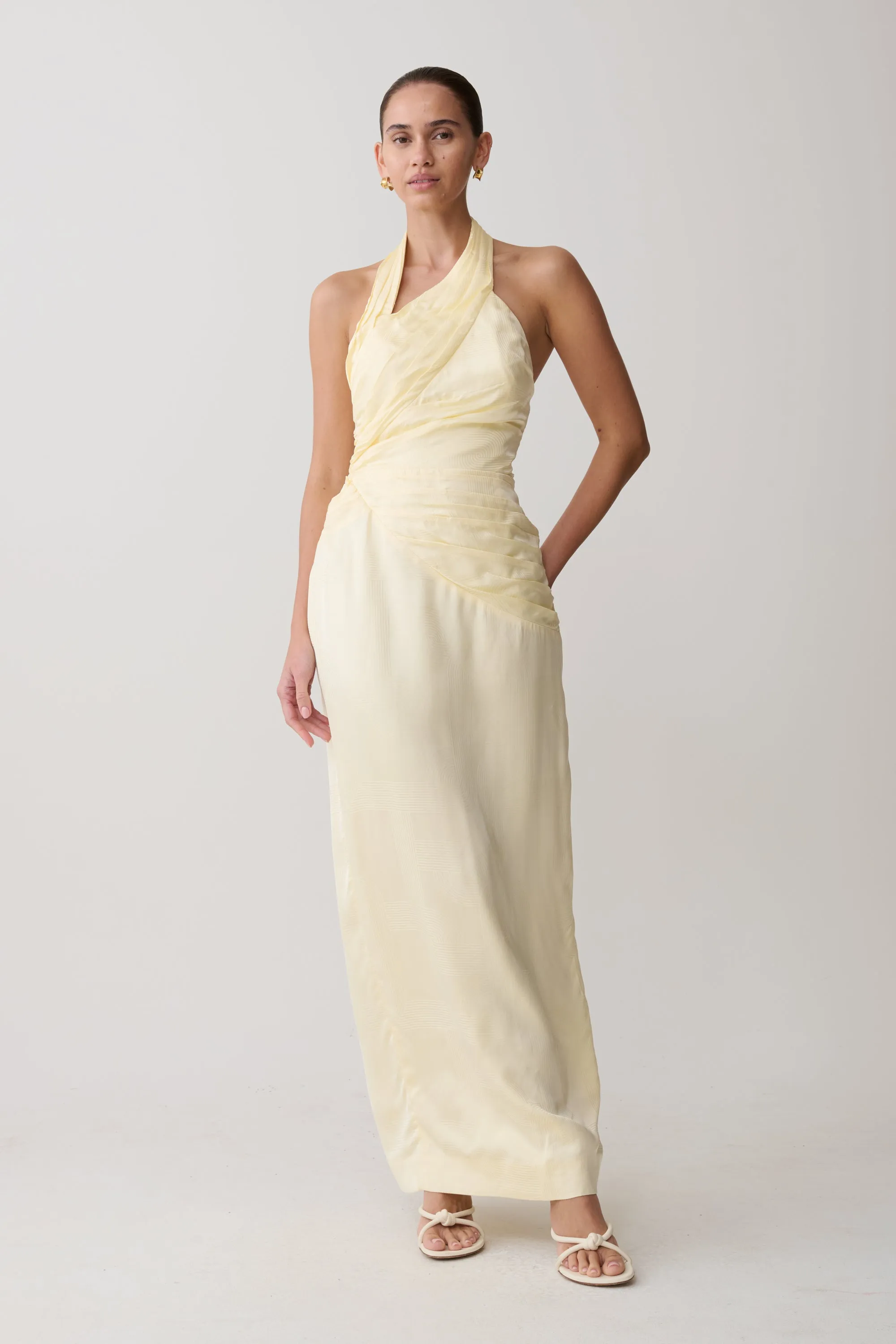 Chiara Halter Satin Maxi Dress - Buttermilk sold by Meshki