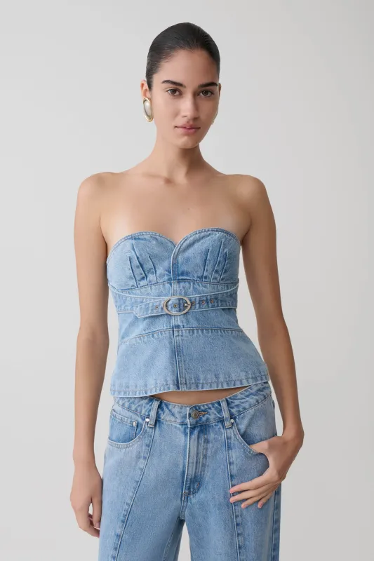 Tommy Strapless Denim Top With Buckle - Classic Blue made by Meshki