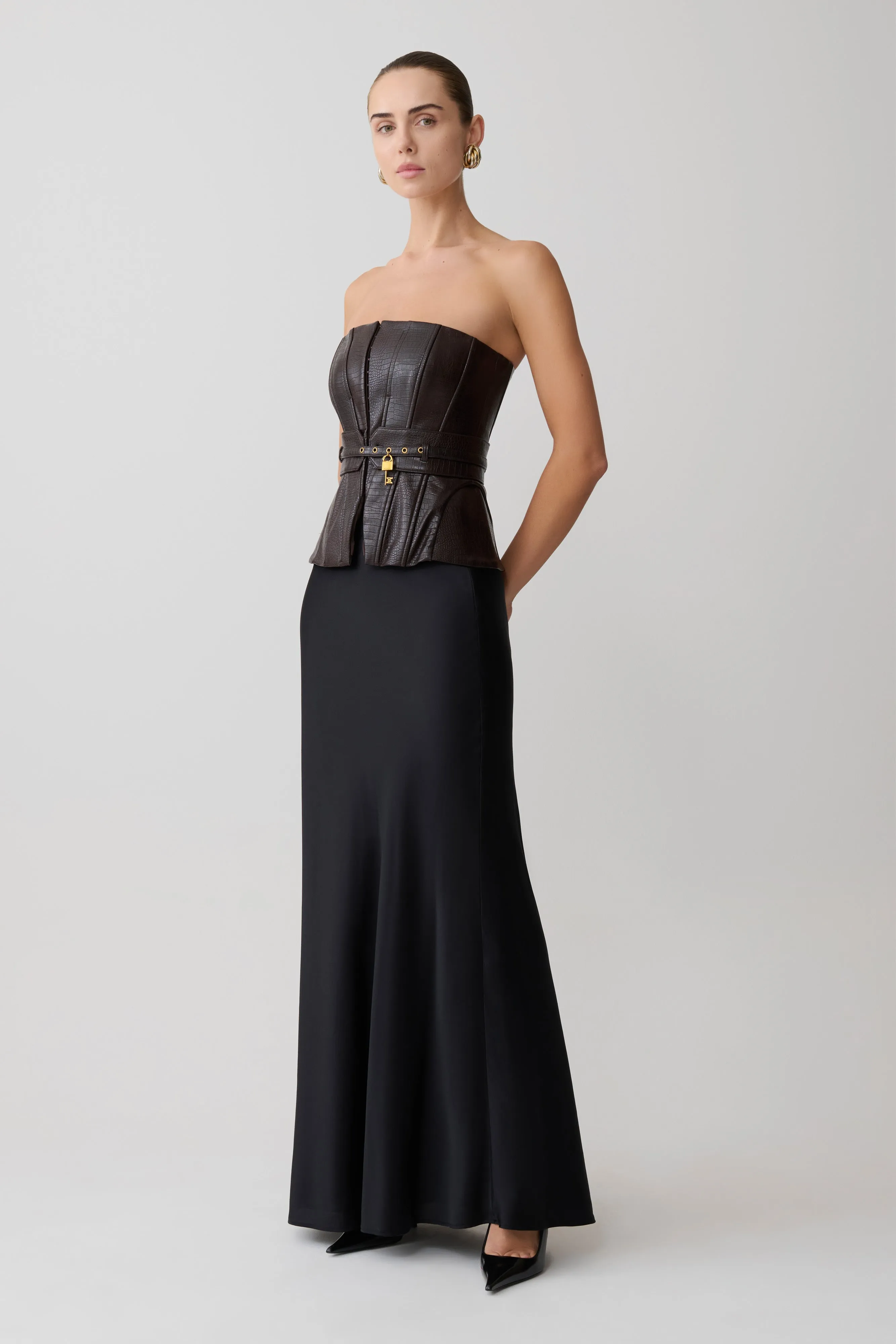Thalia Faux Leather Boned Corset - Dark Chocolate sold by Meshki product image thumbnail 4