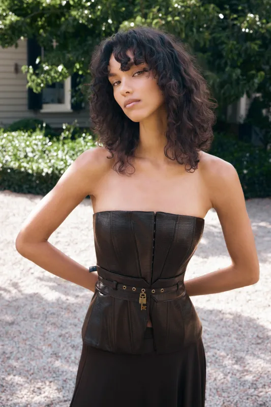 Thalia Faux Leather Boned Corset - Dark Chocolate made by Meshki