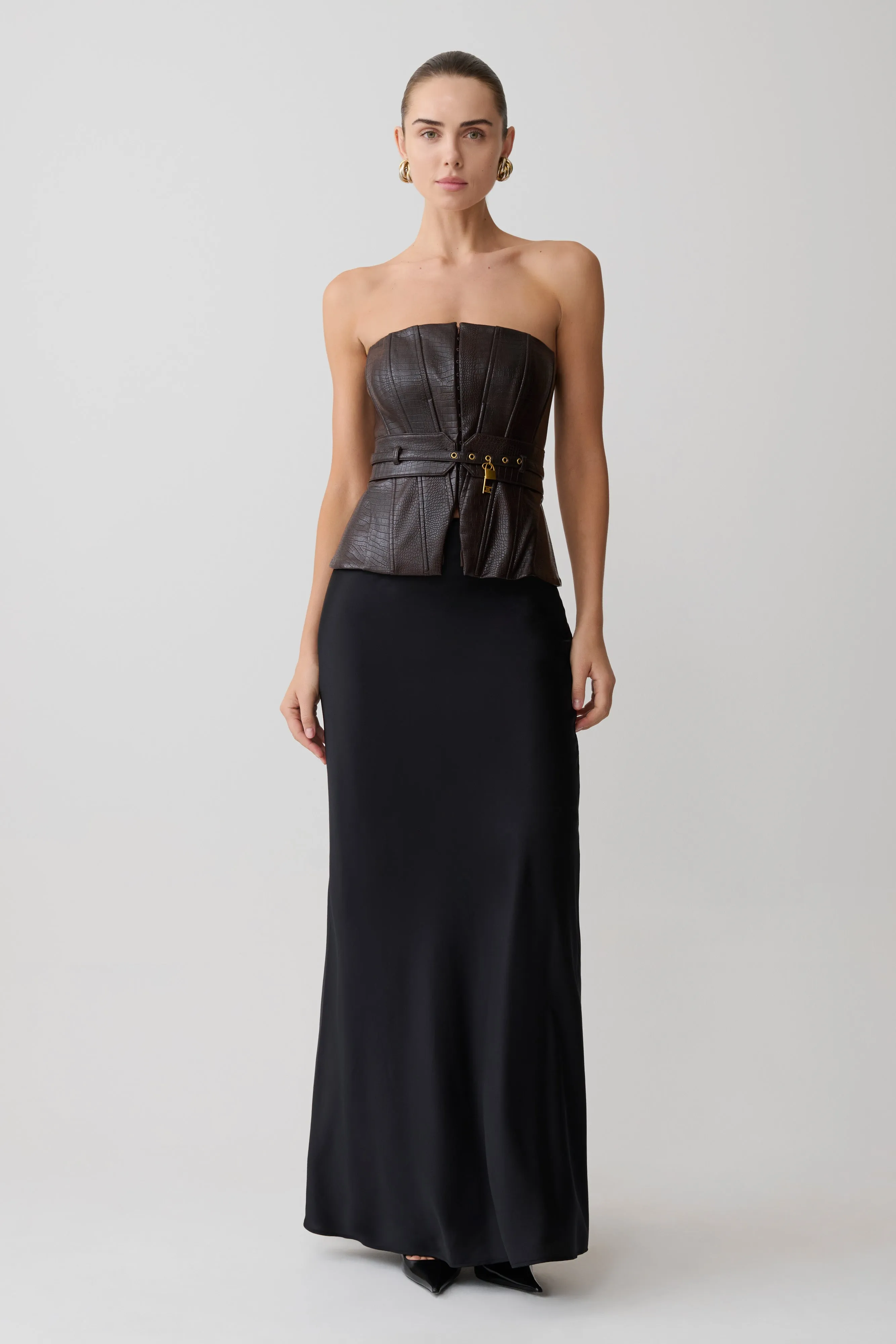 Thalia Faux Leather Boned Corset - Dark Chocolate sold by Meshki product image thumbnail 2