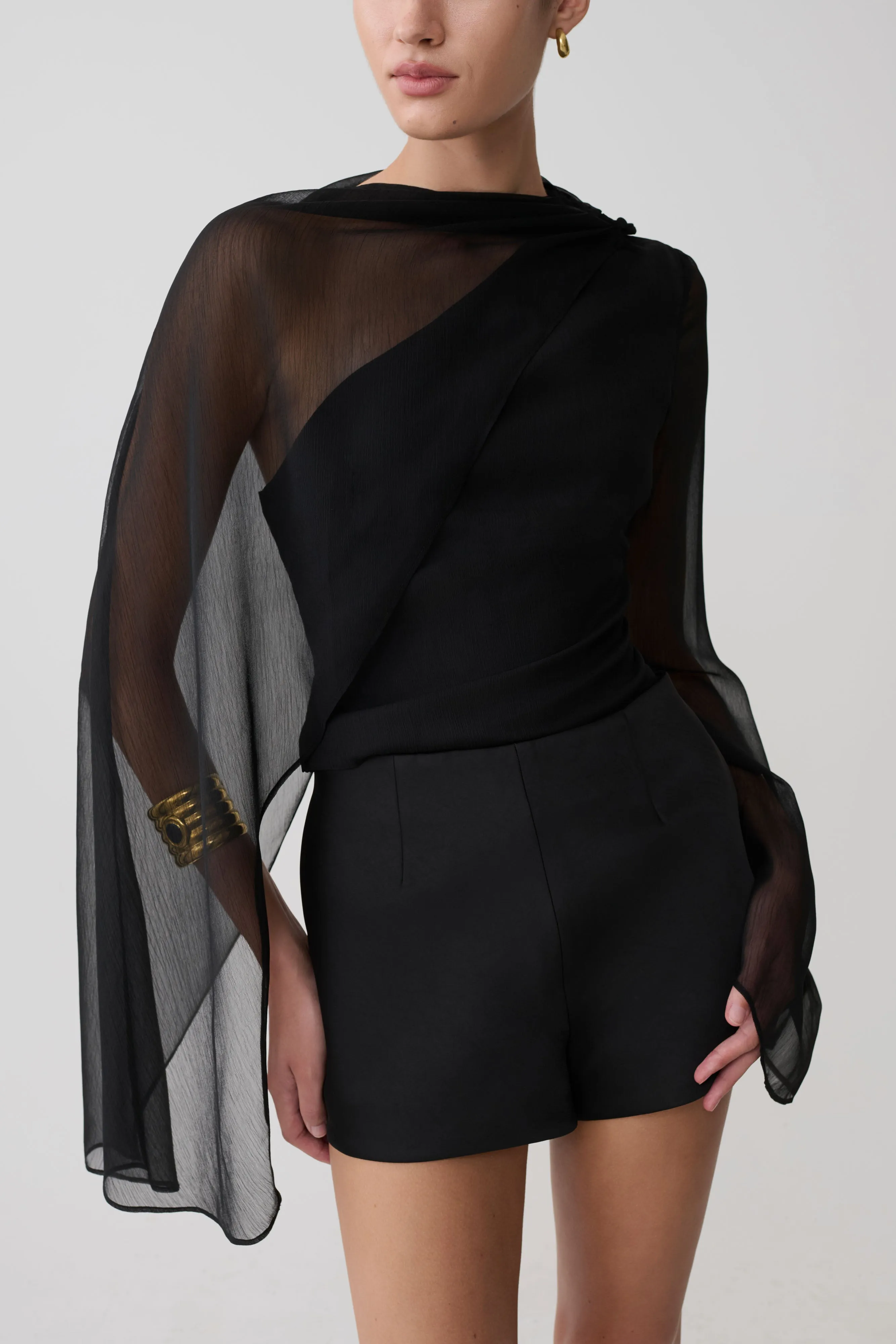 Ida Sheer Asymmetrical Long Sleeve Cape - Black sold by Meshki product image thumbnail 3