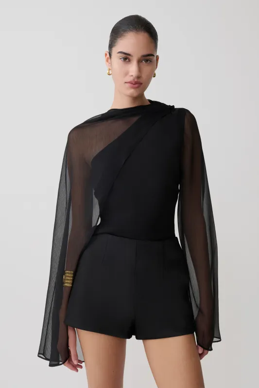 Ida Sheer Asymmetrical Long Sleeve Cape - Black made by Meshki