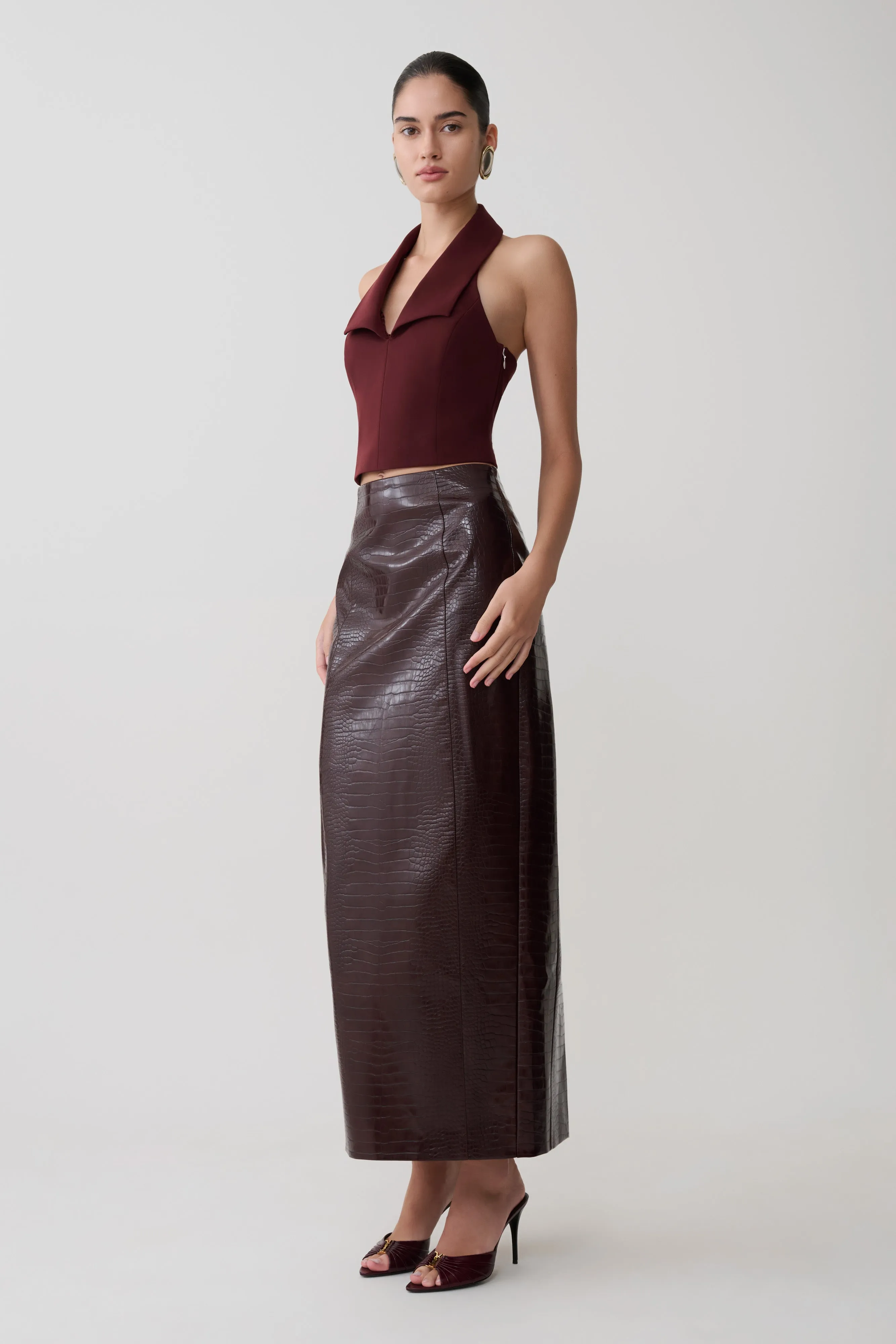 Thalia Croc Faux Leather Midi Skirt - Merlot sold by Meshki product image thumbnail 2