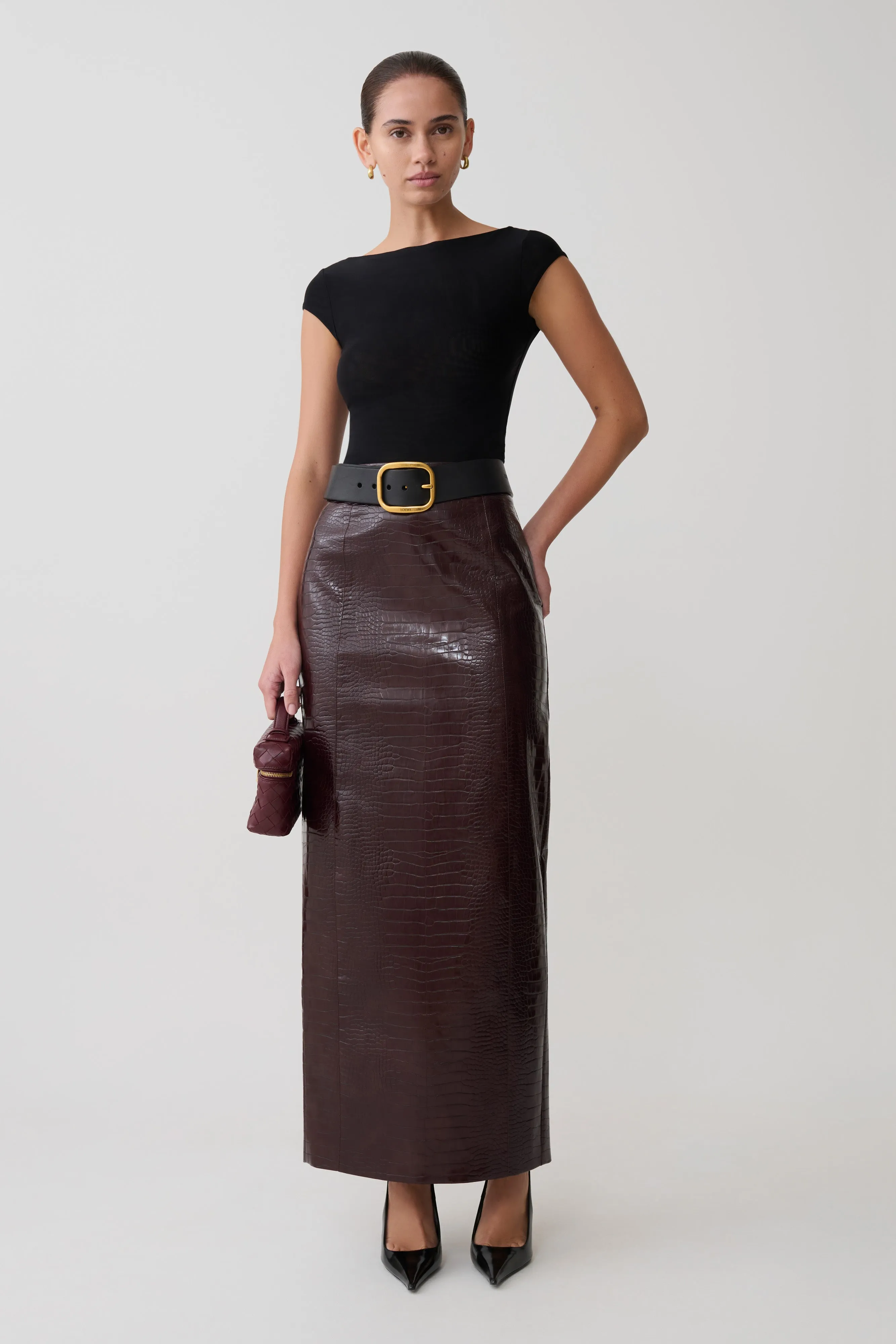 Thalia Croc Faux Leather Midi Skirt - Merlot sold by Meshki product image thumbnail 5