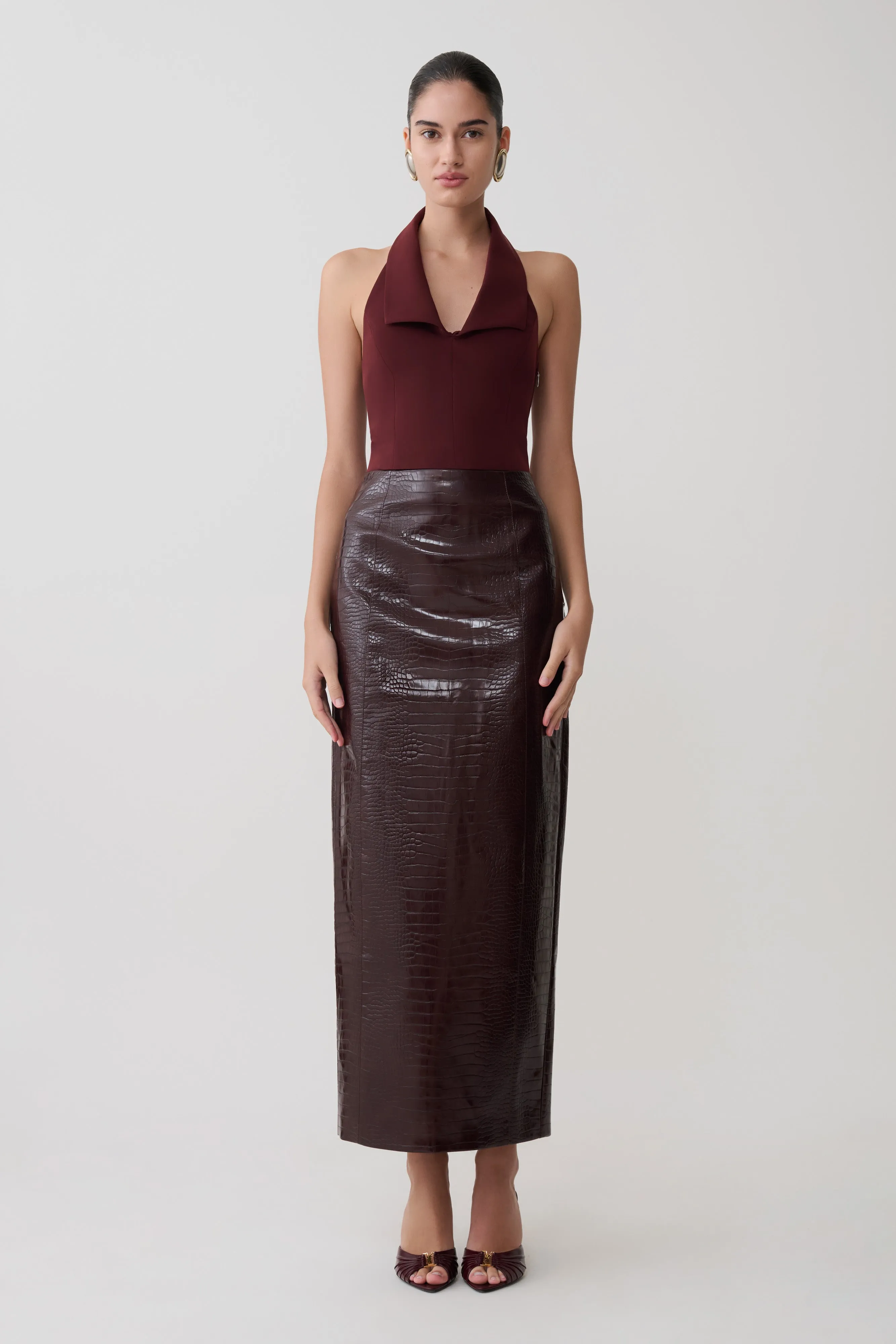 Thalia Croc Faux Leather Midi Skirt - Merlot sold by Meshki product image thumbnail 3