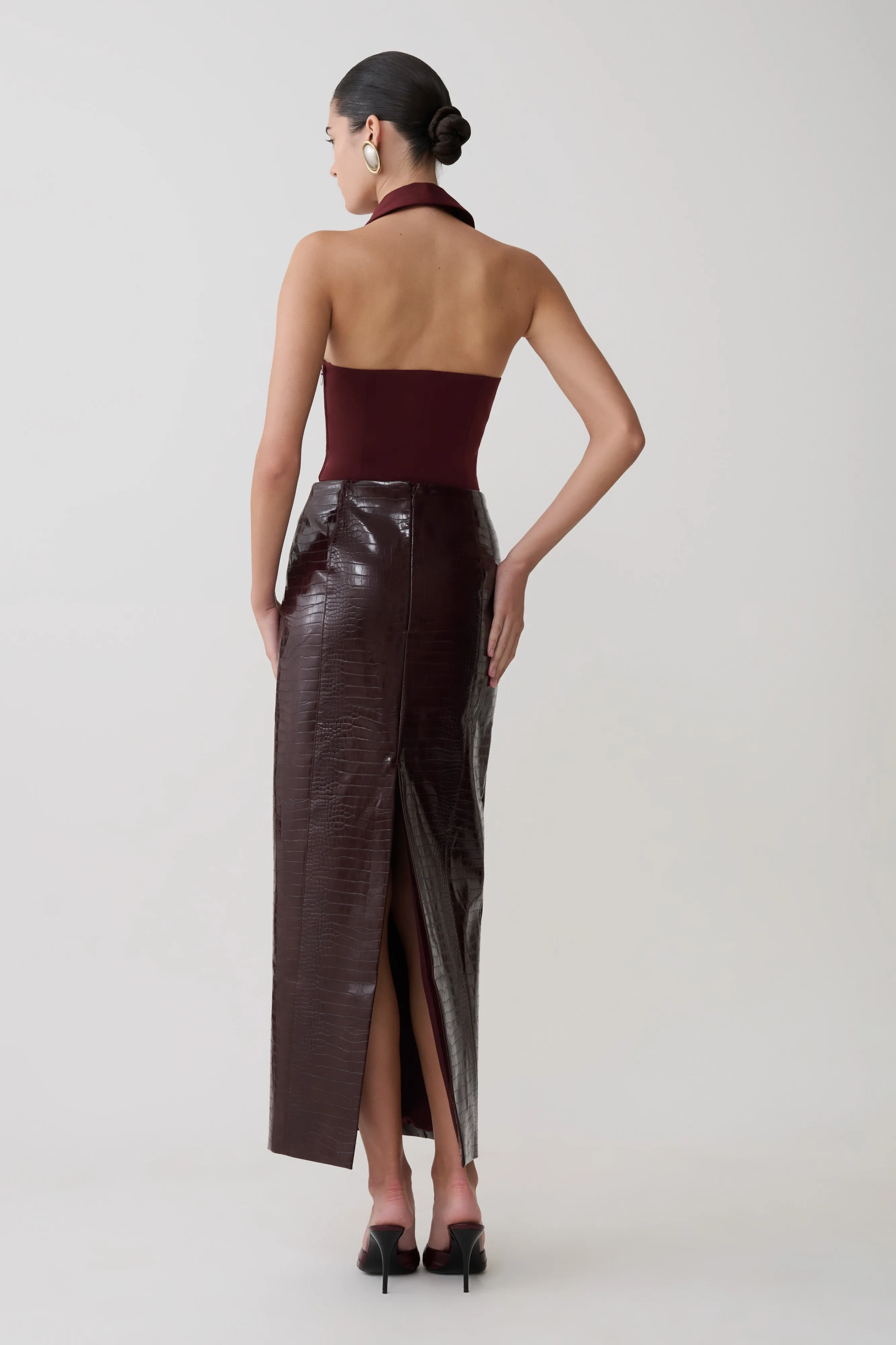 Thalia Croc Faux Leather Midi Skirt - Merlot sold by Meshki product image thumbnail 4