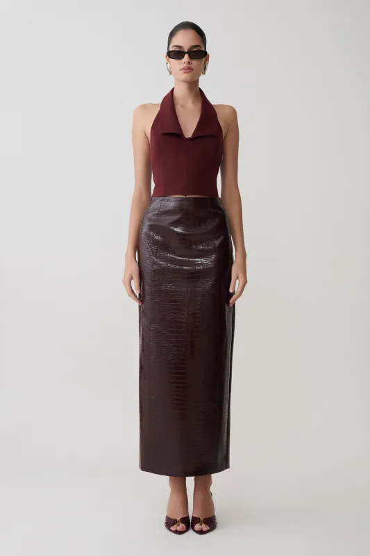 Thalia Croc Faux Leather Midi Skirt - Merlot made by Meshki