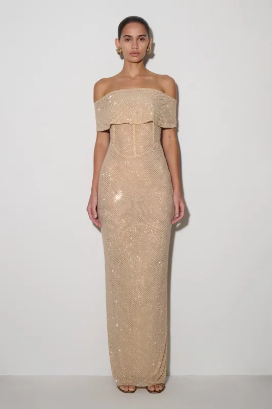 Phi Multi-Wear Cowl Diamante Maxi Dress - Gold made by Meshki