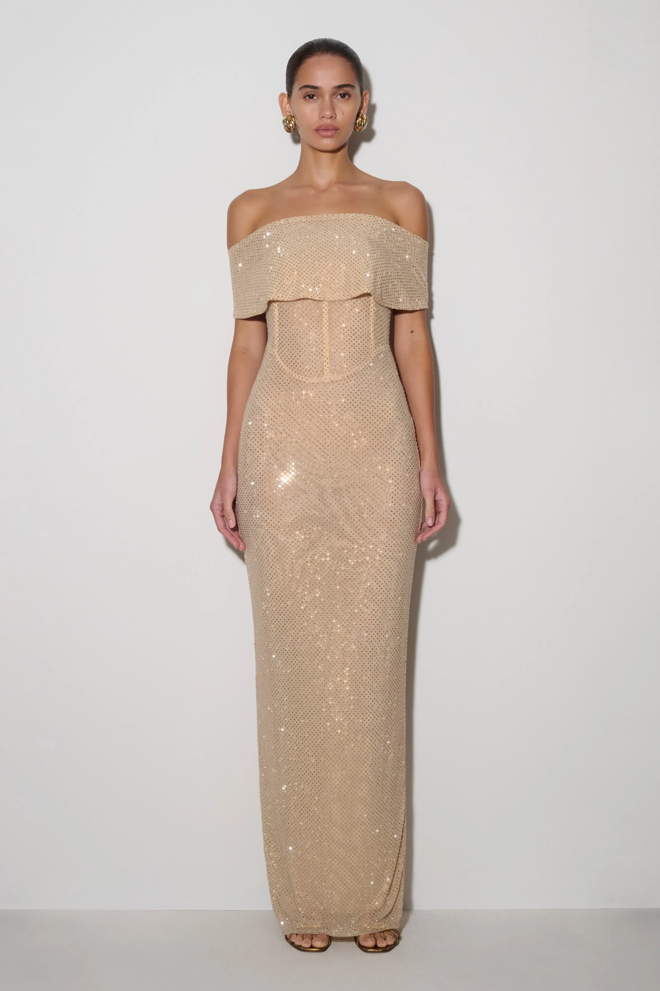 Phi Multi-Wear Cowl Diamante Maxi Dress - Gold sold by Meshki
