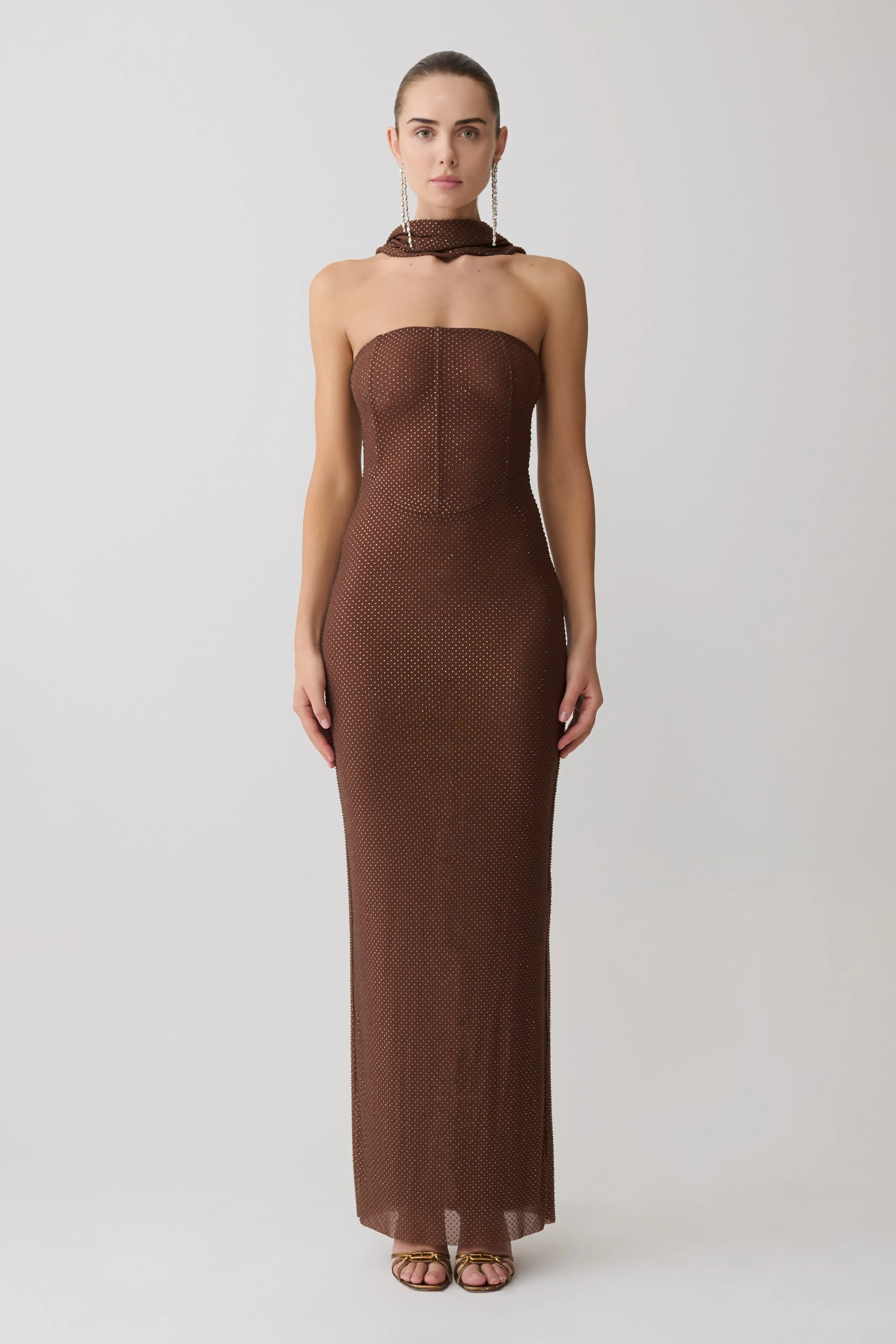 Phi Multi-Wear Cowl Diamante Maxi Dress - Chocolate sold by Meshki product image thumbnail 4