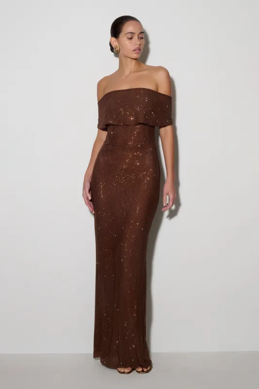 Phi Multi-Wear Cowl Diamante Maxi Dress - Chocolate made by Meshki