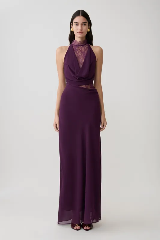 Arra Chiffon And Lace Halter Maxi Dress - Plum made by Meshki
