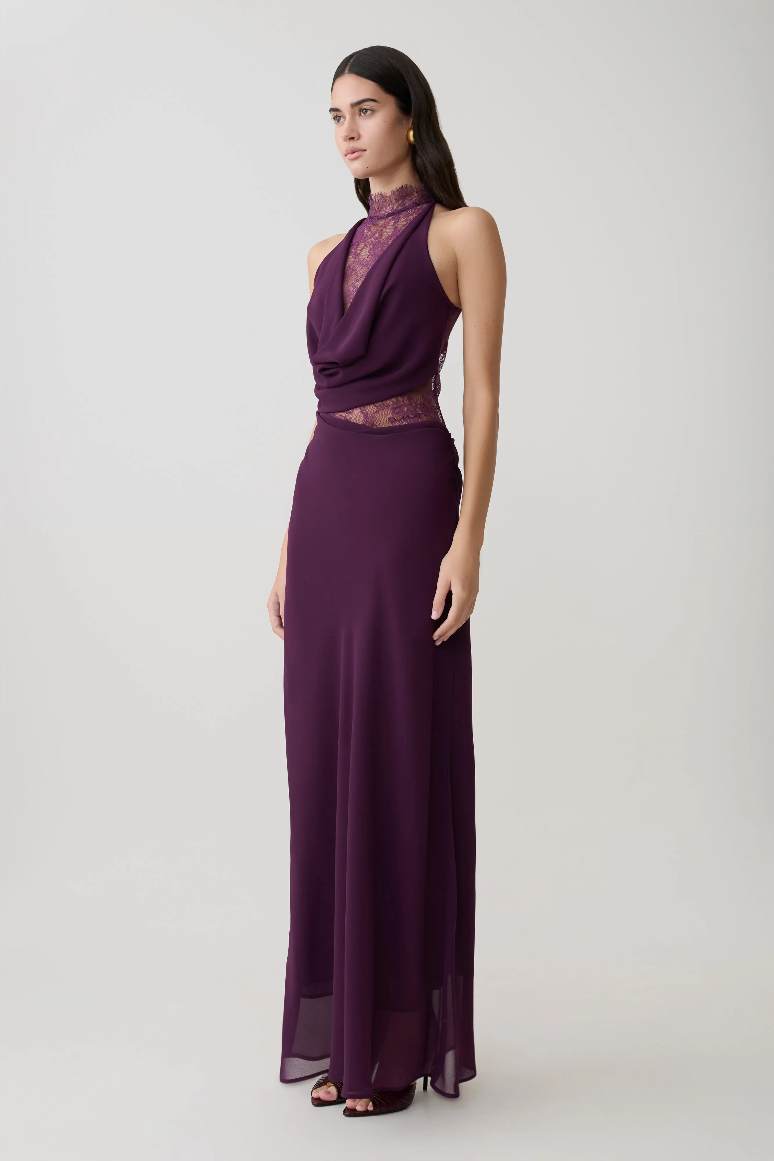 Arra Chiffon And Lace Halter Maxi Dress - Plum sold by Meshki product image thumbnail 5