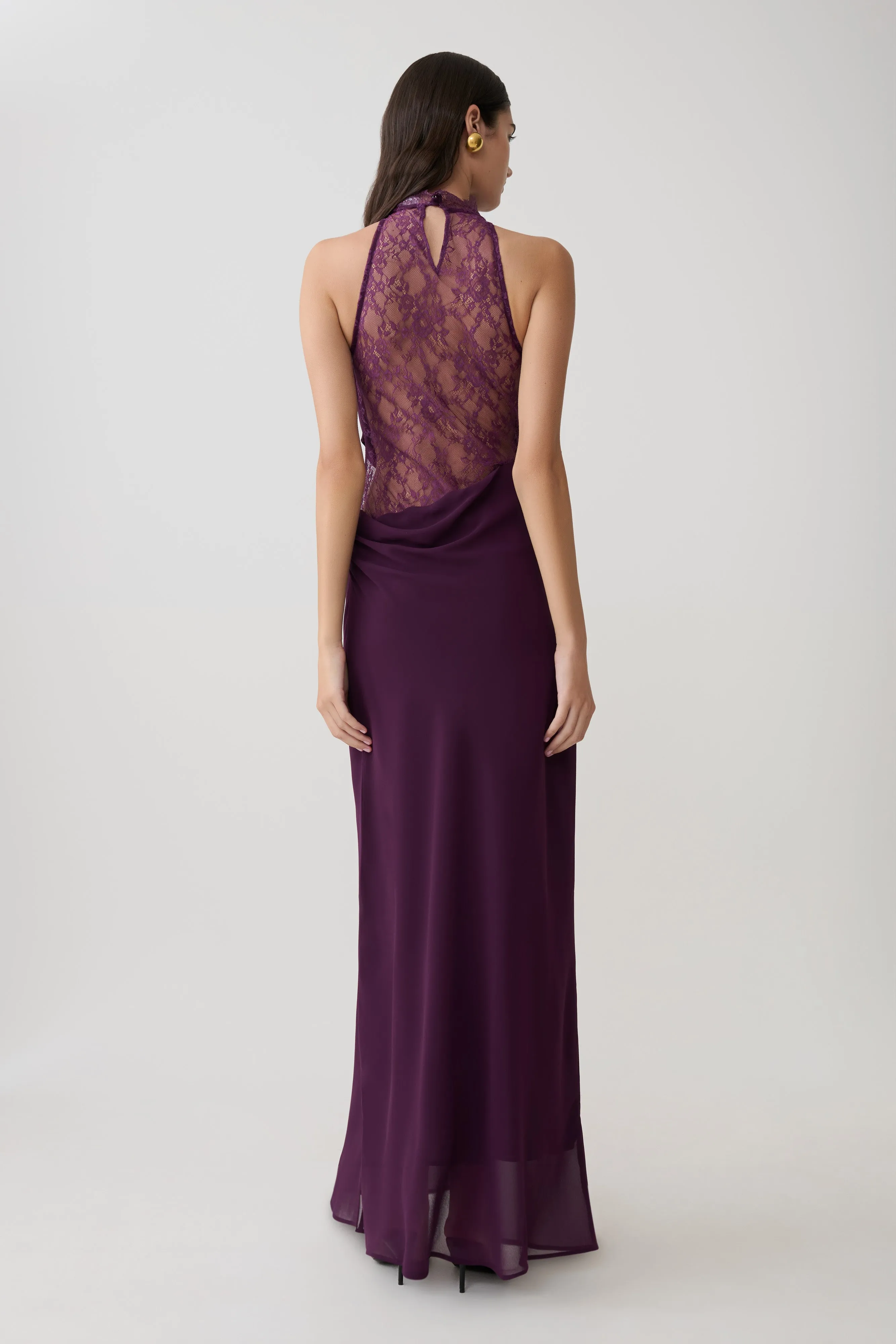 Arra Chiffon And Lace Halter Maxi Dress - Plum sold by Meshki product image thumbnail 2