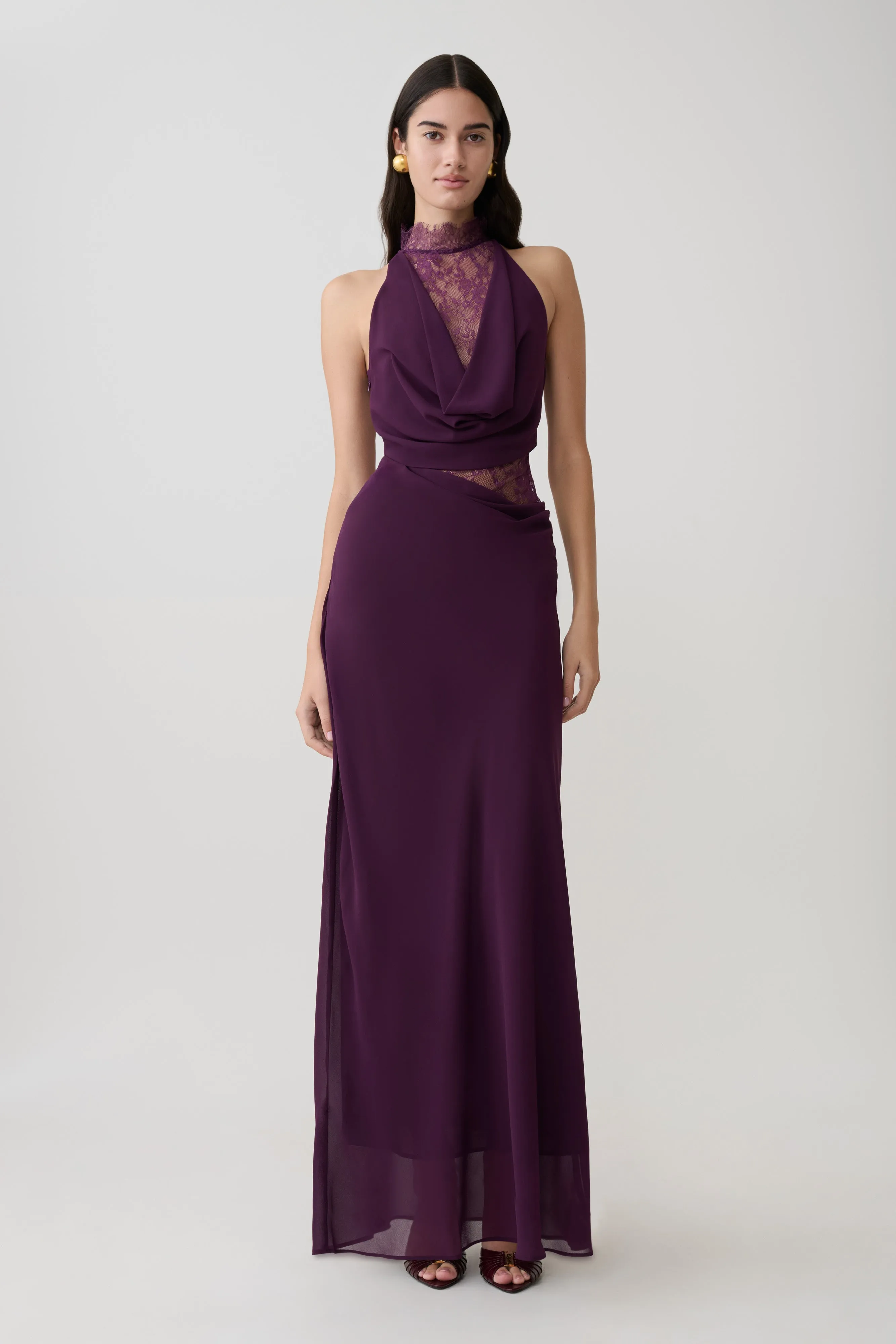 Arra Chiffon And Lace Halter Maxi Dress - Plum sold by Meshki product image thumbnail 3