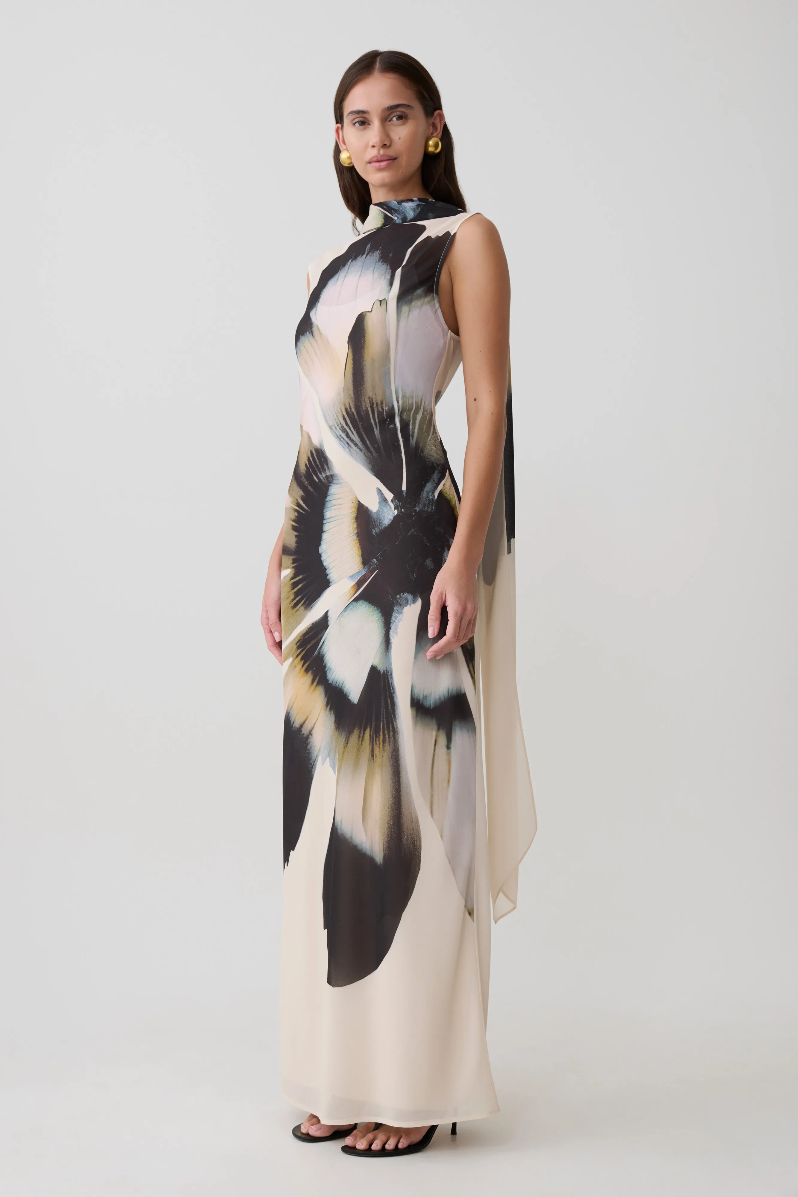 Dakota Chiffon Maxi Dress With Scarf - Ivory Oversized Floral Print sold by Meshki product image thumbnail 4