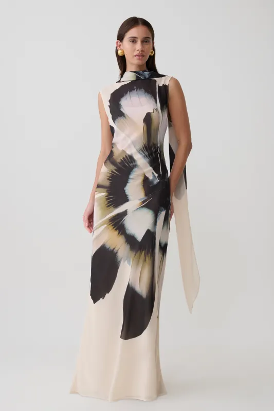 Dakota Chiffon Maxi Dress With Scarf - Ivory Oversized Floral Print made by Meshki