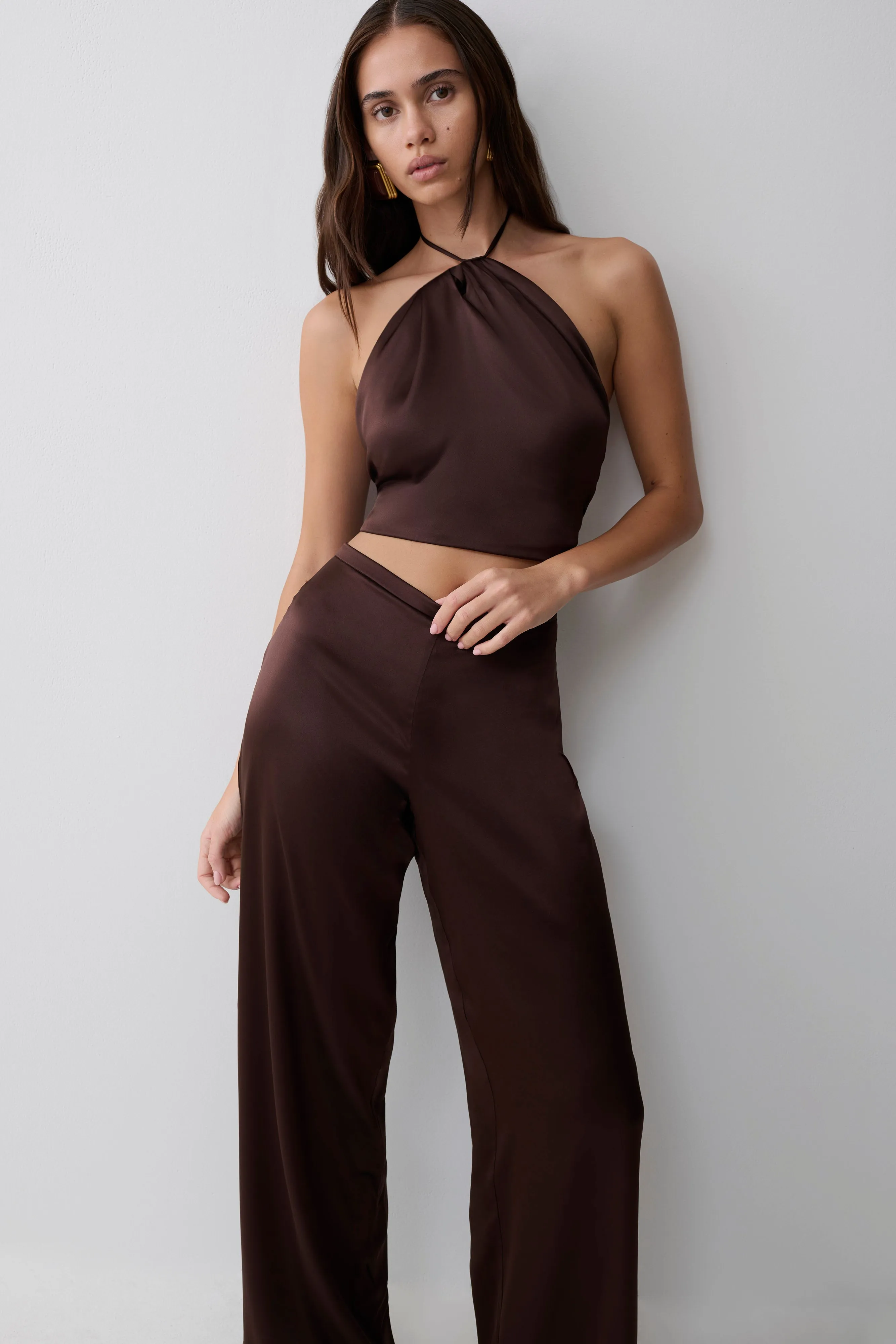 Mariana Halter Silk Blend Sleeveless Top - Dark Chocolate sold by Meshki