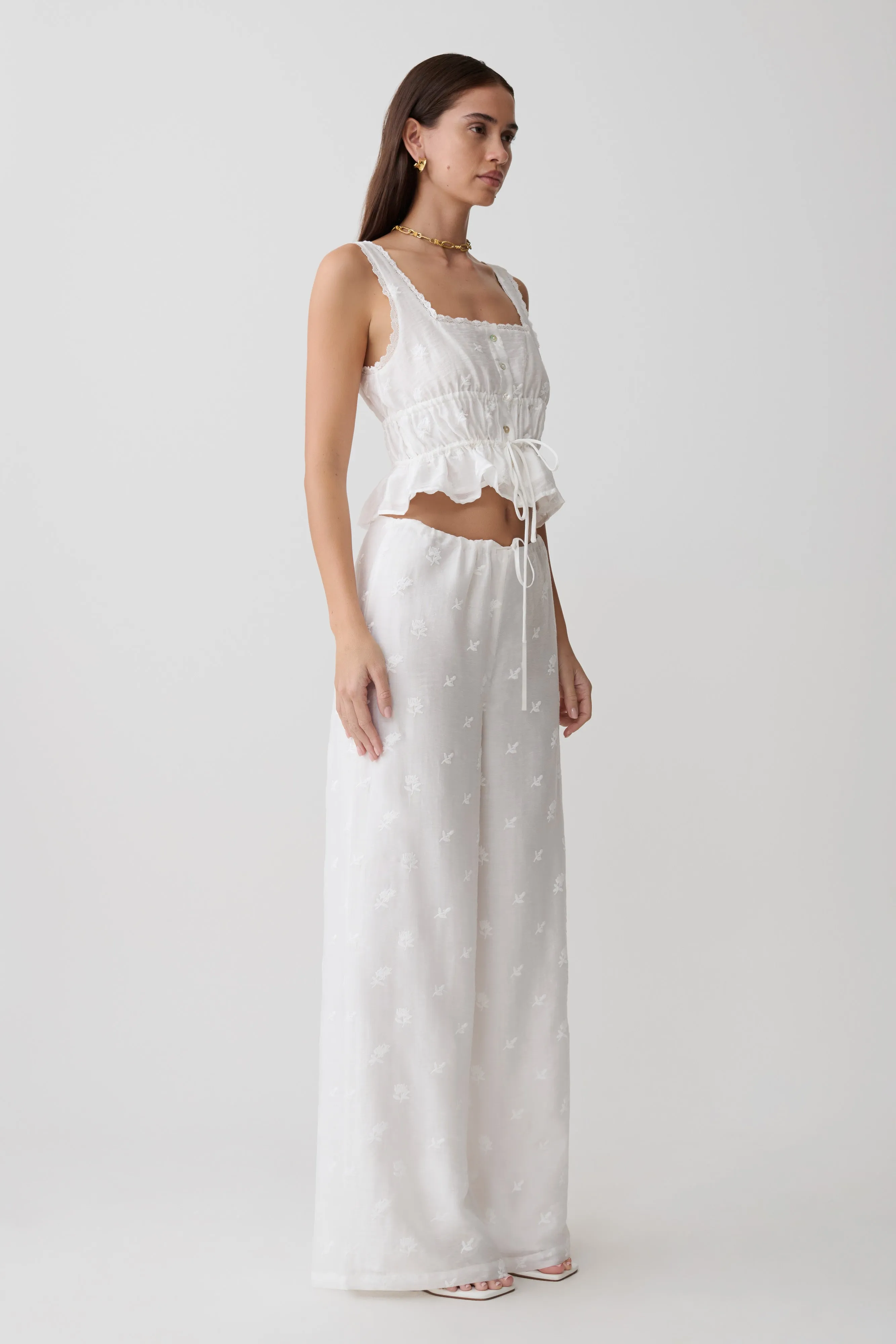 Vivian Tie Waist Embroidered Pant - White sold by Meshki product image thumbnail 4