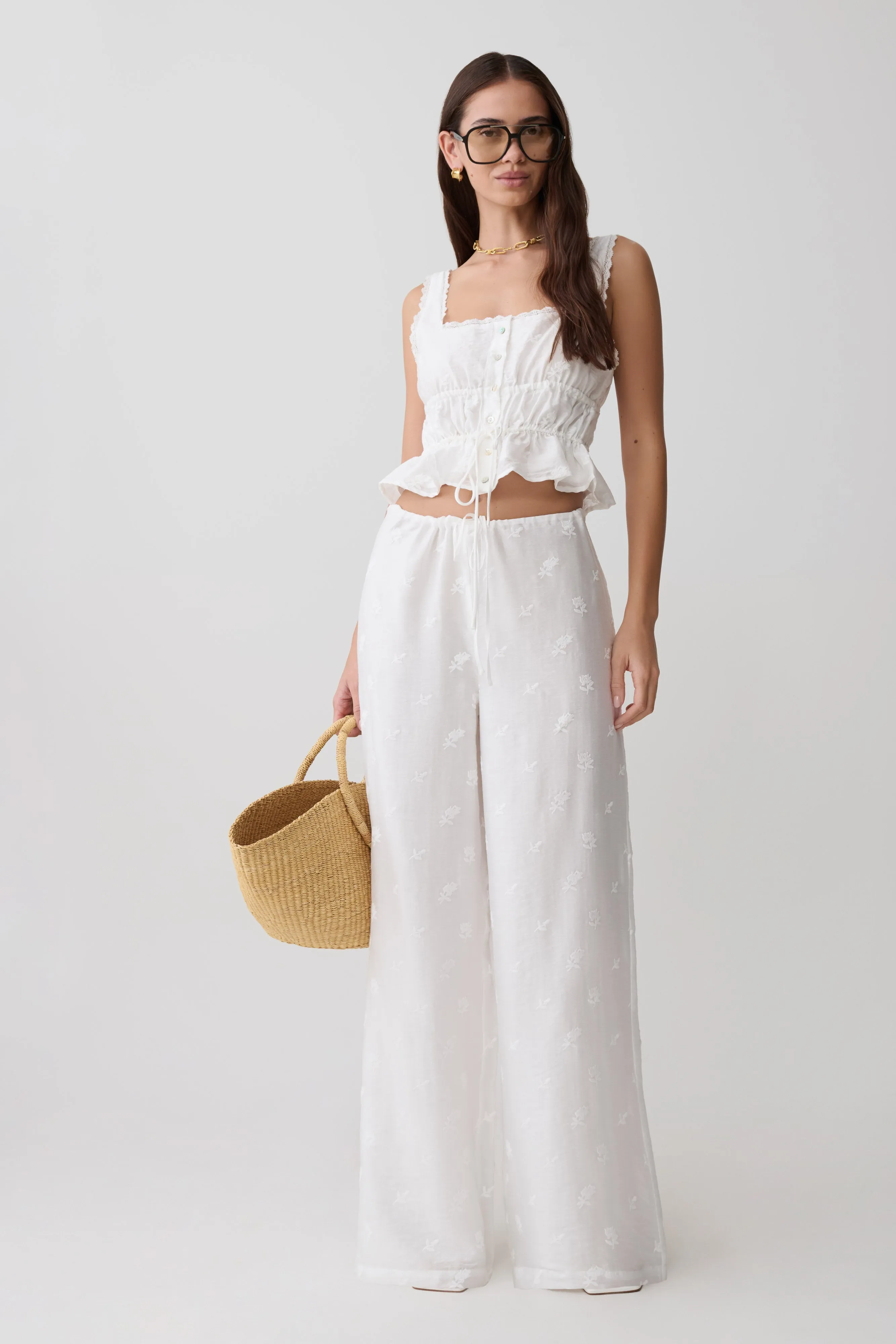 Vivian Tie Waist Embroidered Pant - White sold by Meshki product image thumbnail 5