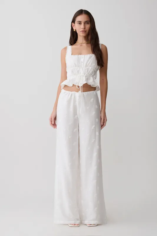 Vivian Tie Waist Embroidered Pant - White made by Meshki