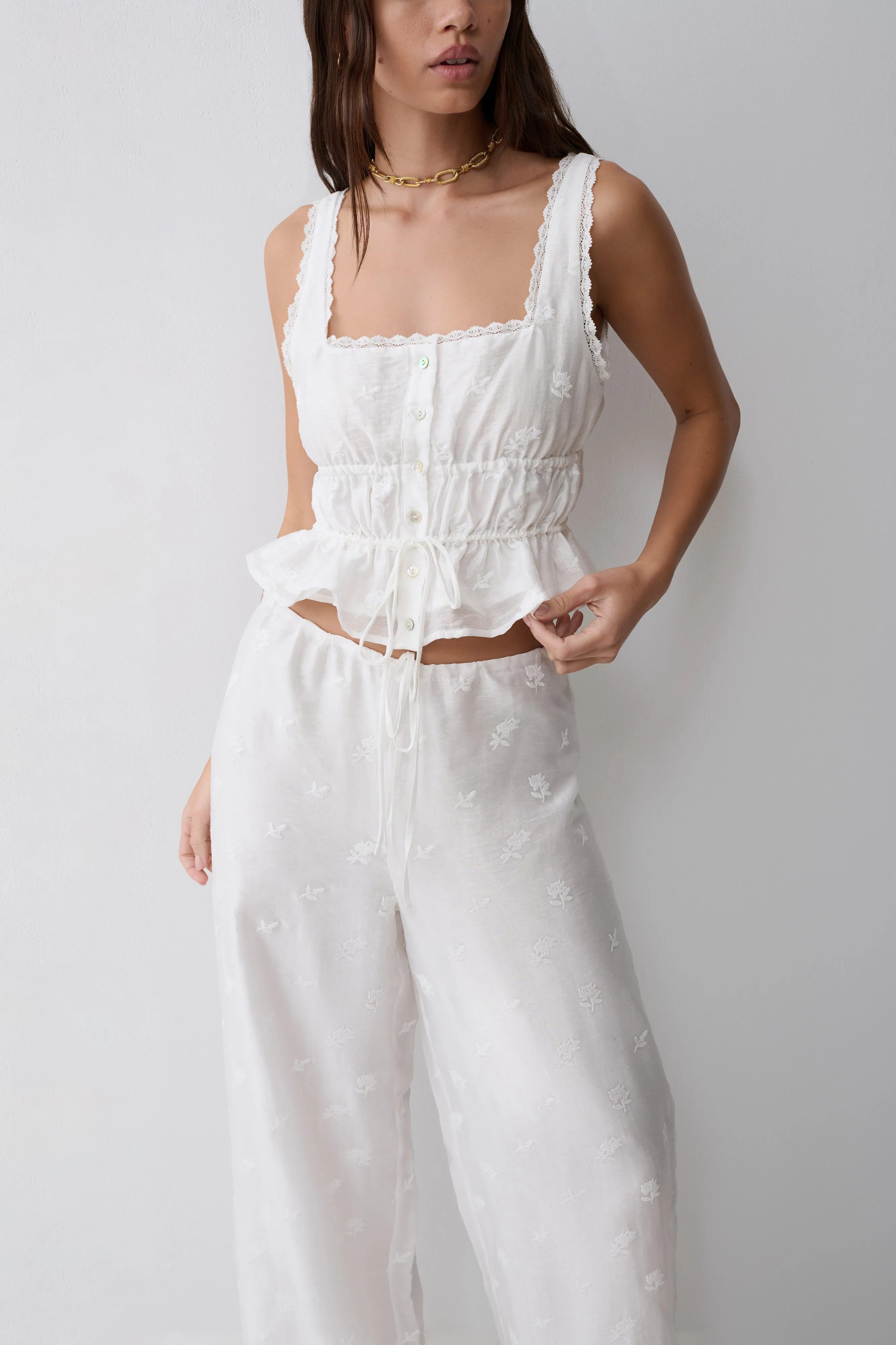 Vivian Tie Waist Embroidered Pant - White sold by Meshki product image thumbnail 3