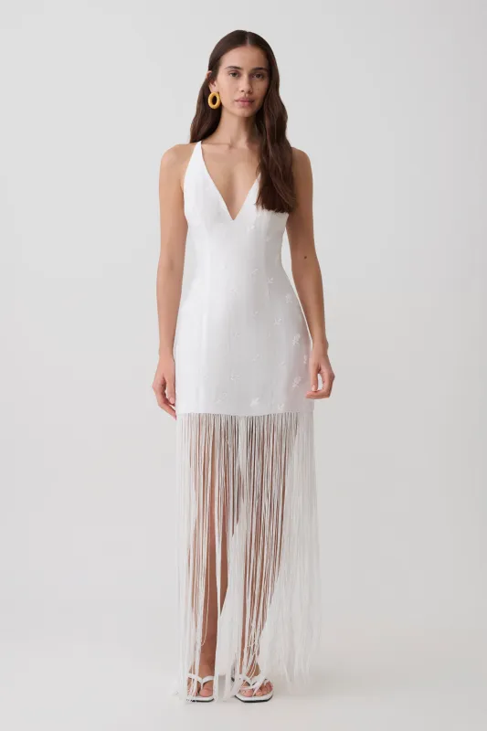 Abigail V Neck Fringe Maxi Dress - White made by Meshki