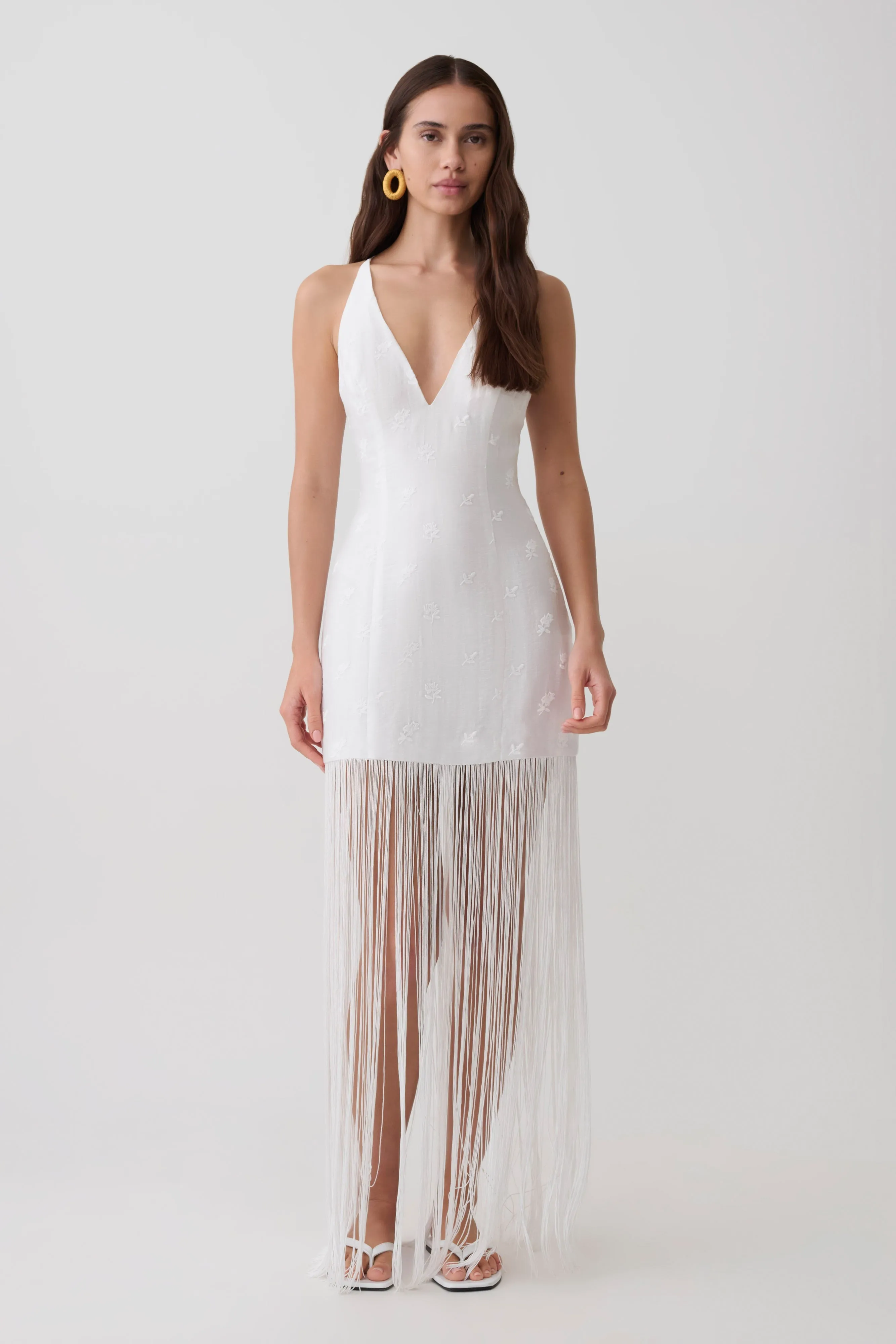 Abigail V Neck Fringe Maxi Dress - White sold by Meshki