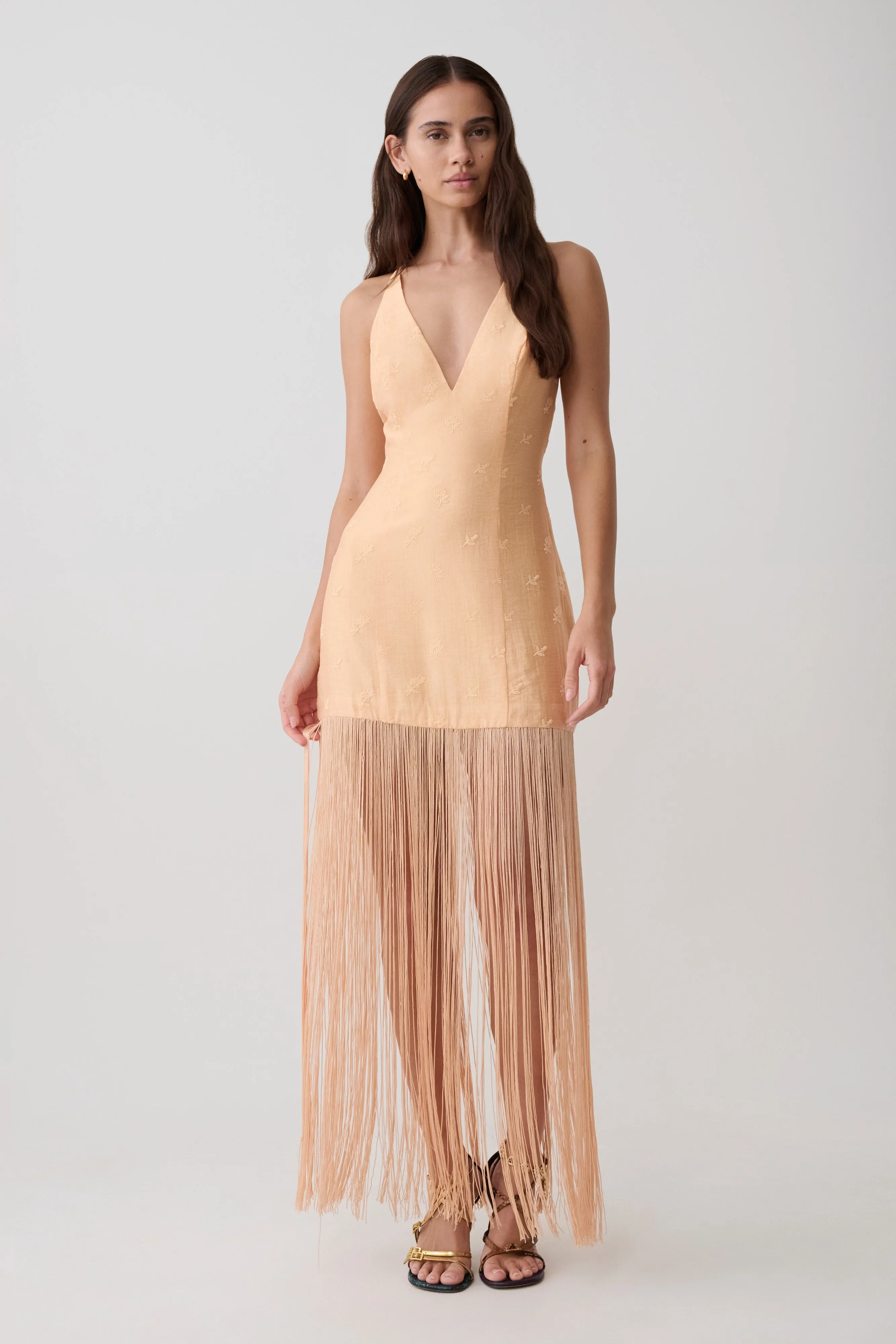 Abigail V Neck Fringe Maxi Dress - Orange sold by Meshki