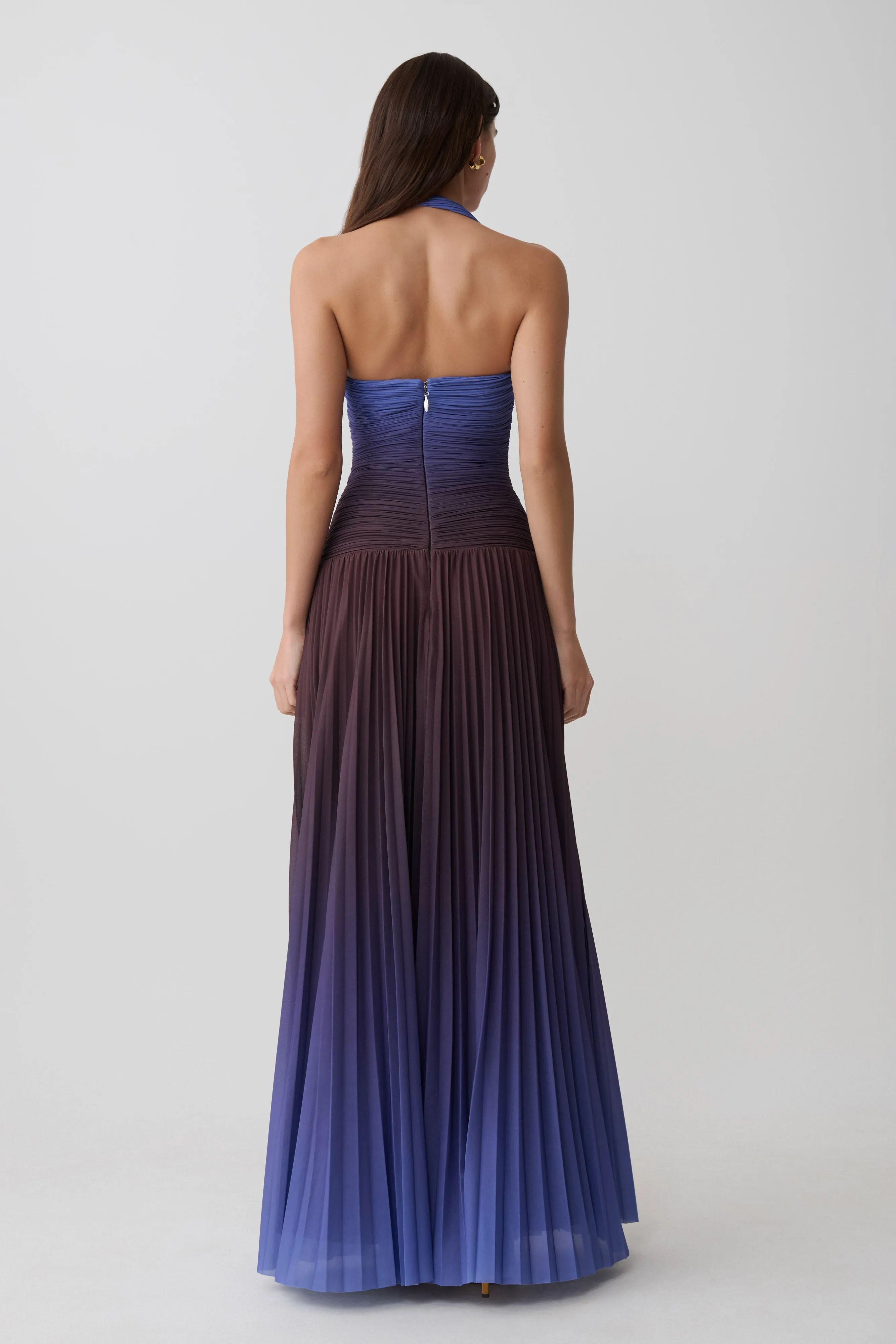 Azizi Pleated Halter Midi Dress - Chocolate & Blue Ombre Print sold by Meshki product image thumbnail 2