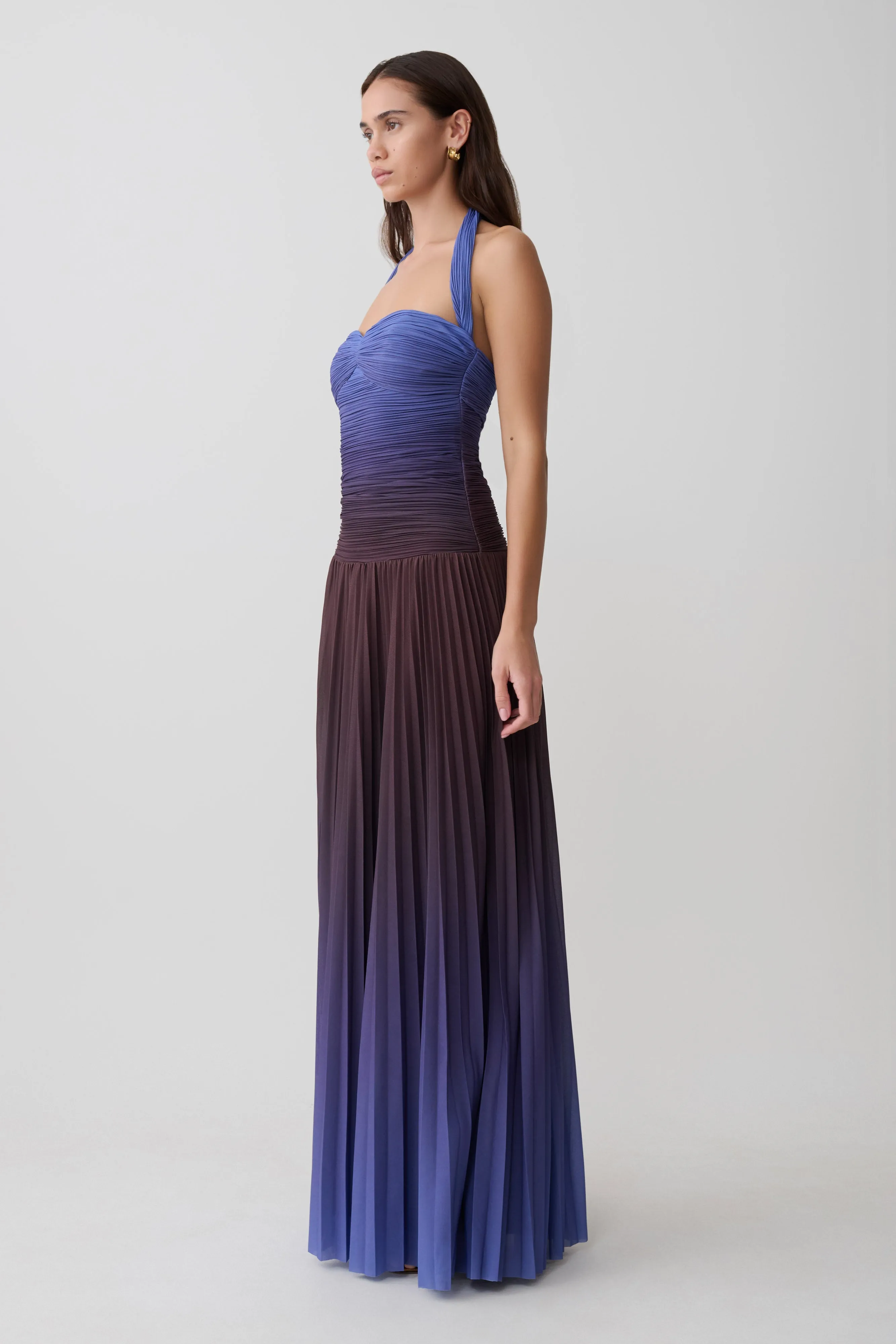 Azizi Pleated Halter Midi Dress - Chocolate & Blue Ombre Print sold by Meshki product image thumbnail 3