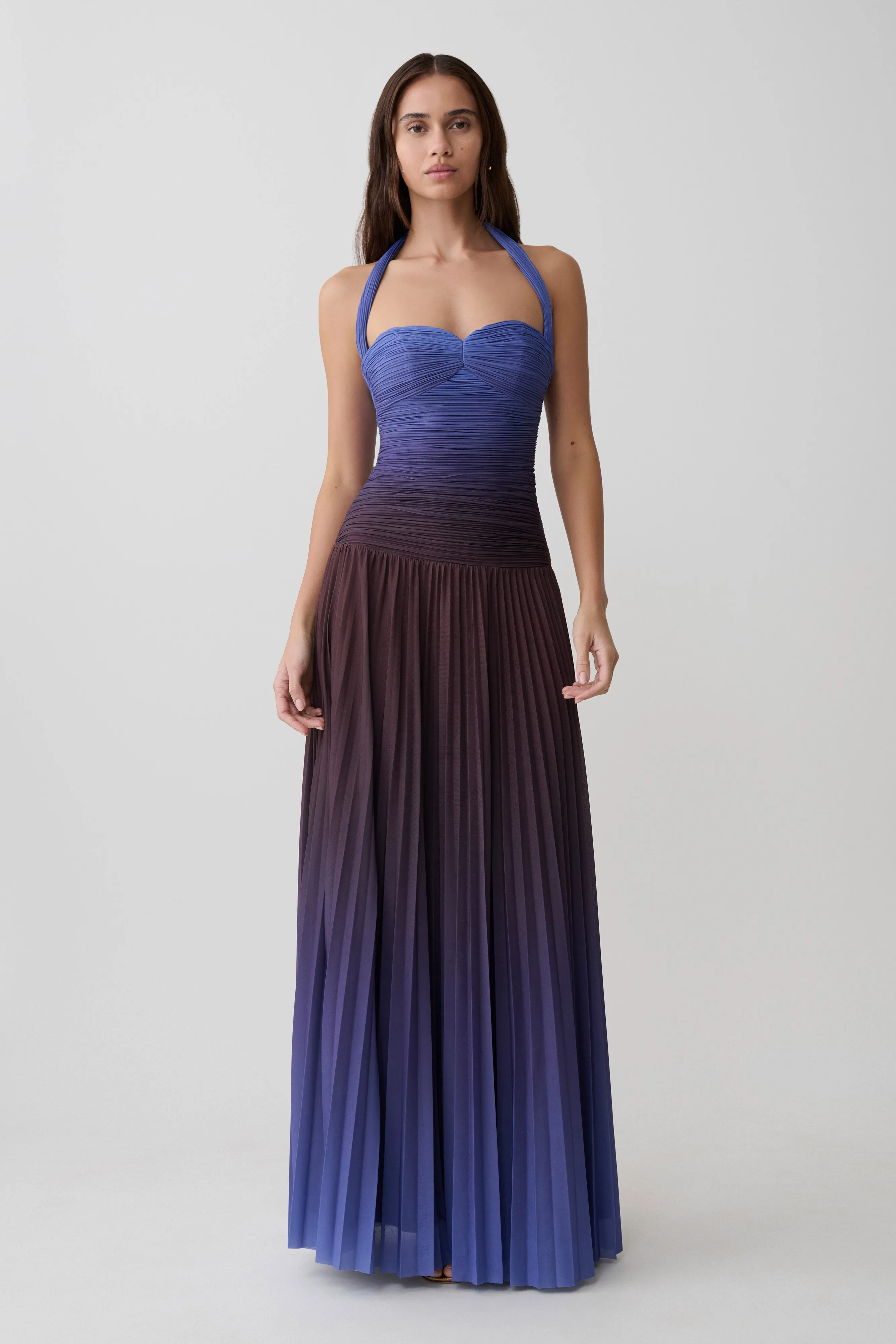 Azizi Pleated Halter Midi Dress - Chocolate & Blue Ombre Print sold by Meshki product image thumbnail 4