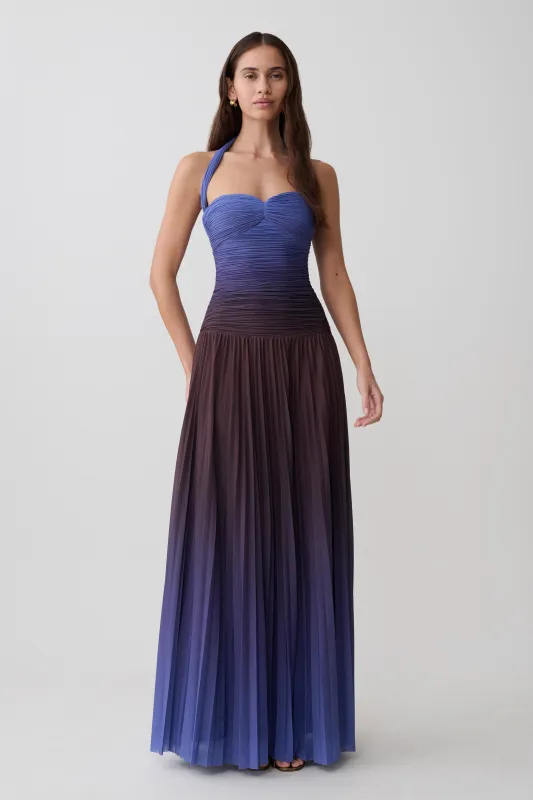 Azizi Pleated Halter Midi Dress - Chocolate & Blue Ombre Print made by Meshki