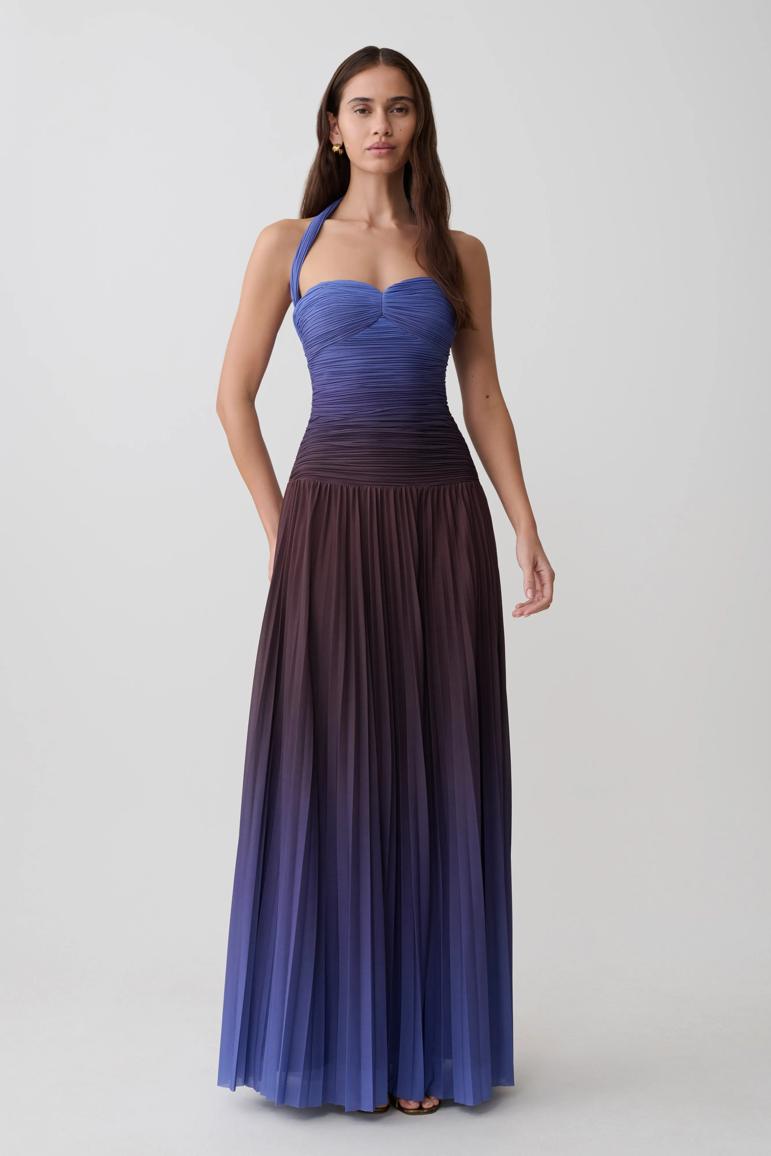 Azizi Pleated Halter Midi Dress - Chocolate & Blue Ombre Print sold by Meshki