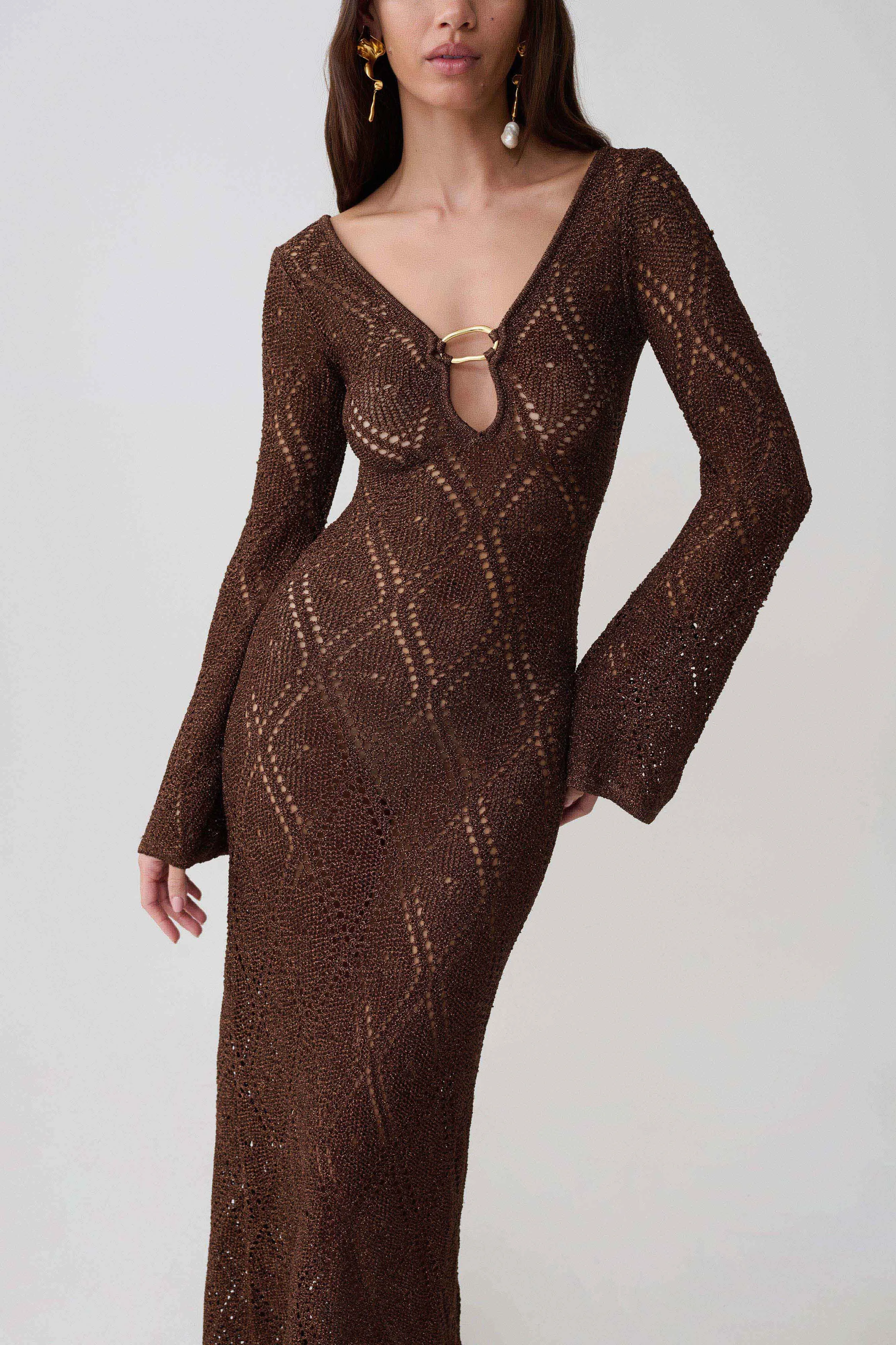 Chelsea Lurex Crochet Maxi Dress - Bronze sold by Meshki product image thumbnail 3