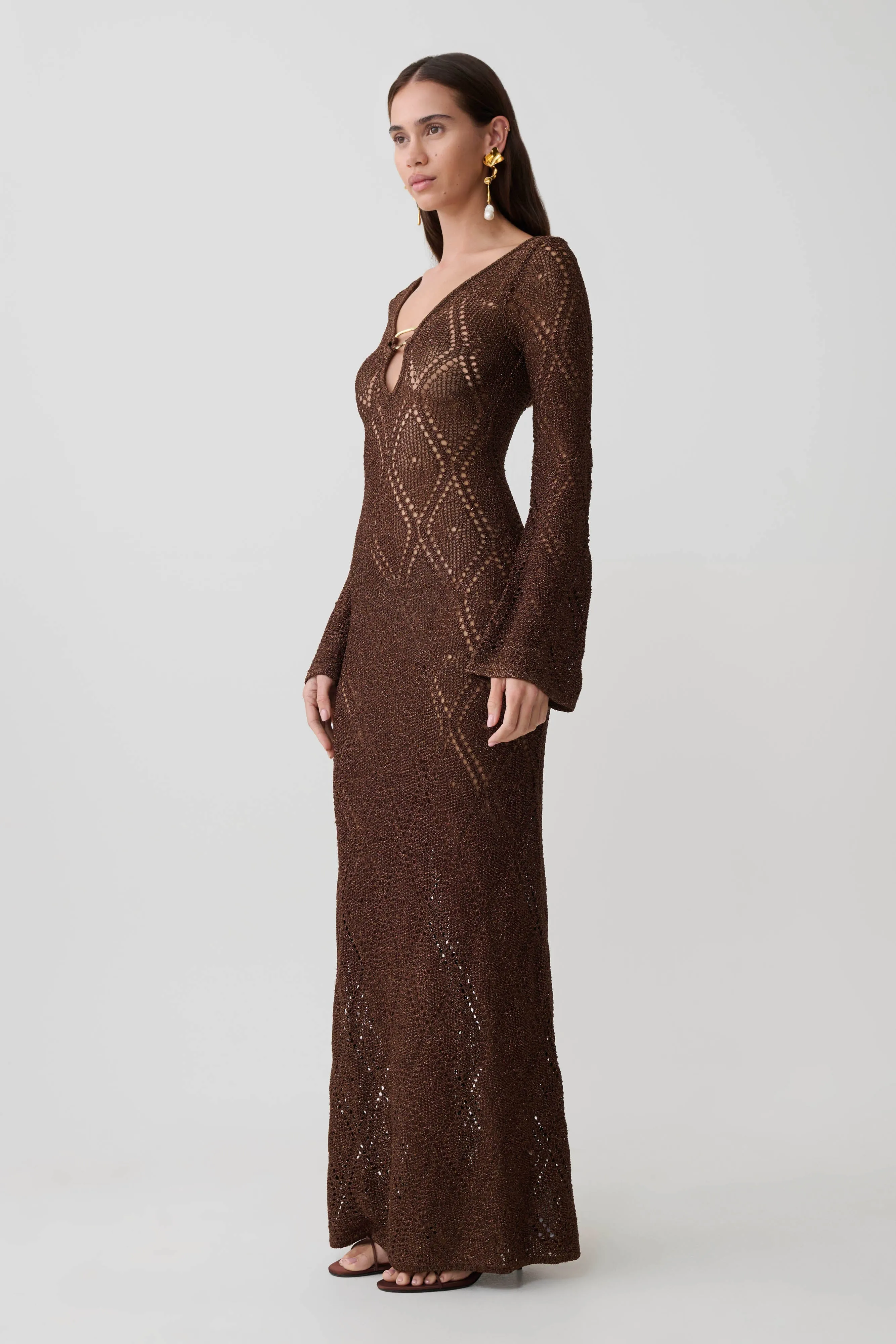 Chelsea Lurex Crochet Maxi Dress - Bronze sold by Meshki product image thumbnail 4